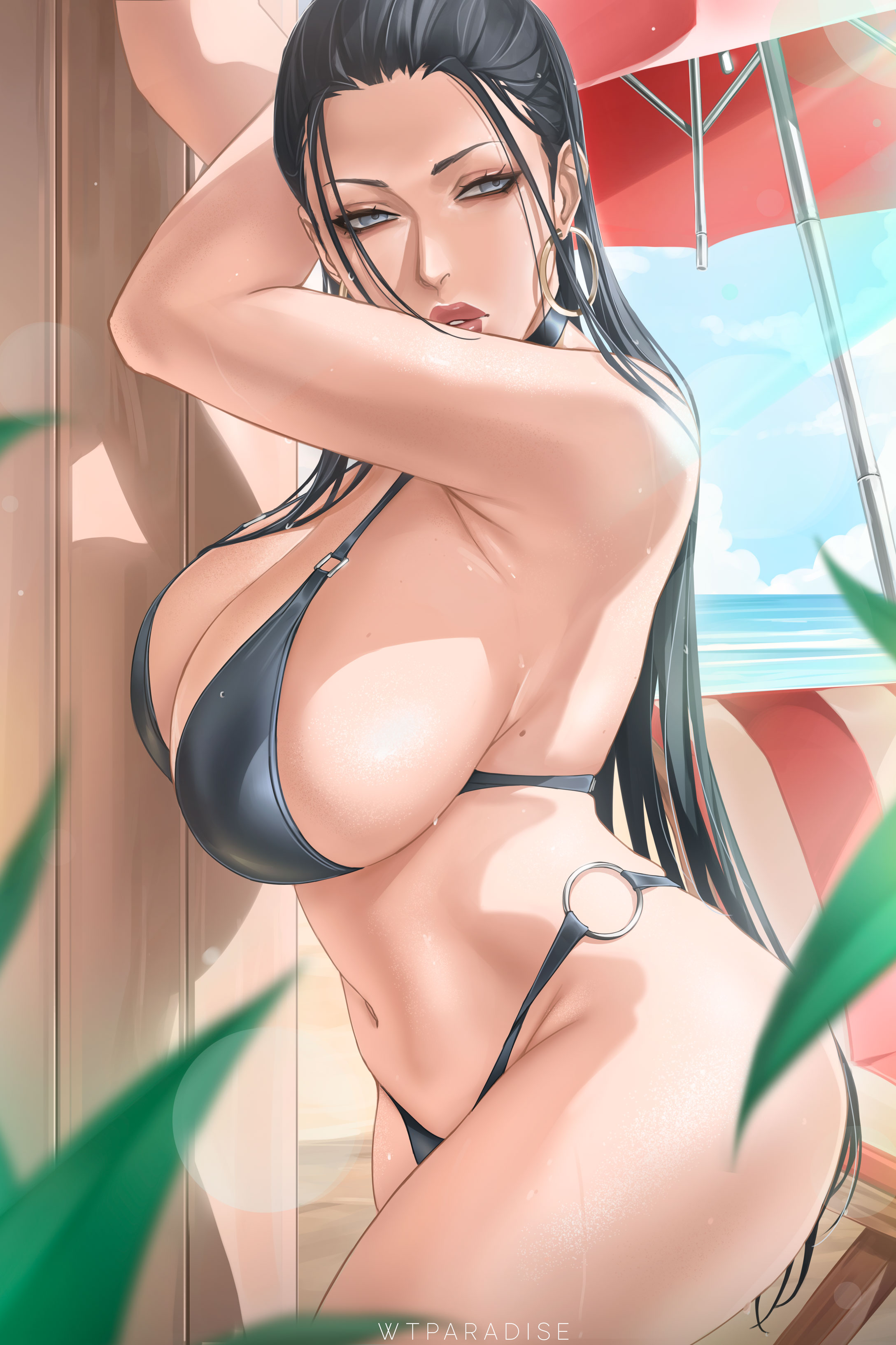wtparadise, nico robin, one piece, absurdres, commentary, english commentary, highres, 1girl, alternate costume, artist name, beach chair, beach umbrella, bikini, black hair, blurry, blurry foreground, breasts, cleavage, cloud, earrings, grey eyes, hair slicked back, halterneck, hoop earrings, huge breasts, jewelry, long hair, looking to the side, navel, o-ring, o-ring bikini, outdoors, parted lips, sand, sideboob, sky, solo, standing, swimsuit, umbrella, water