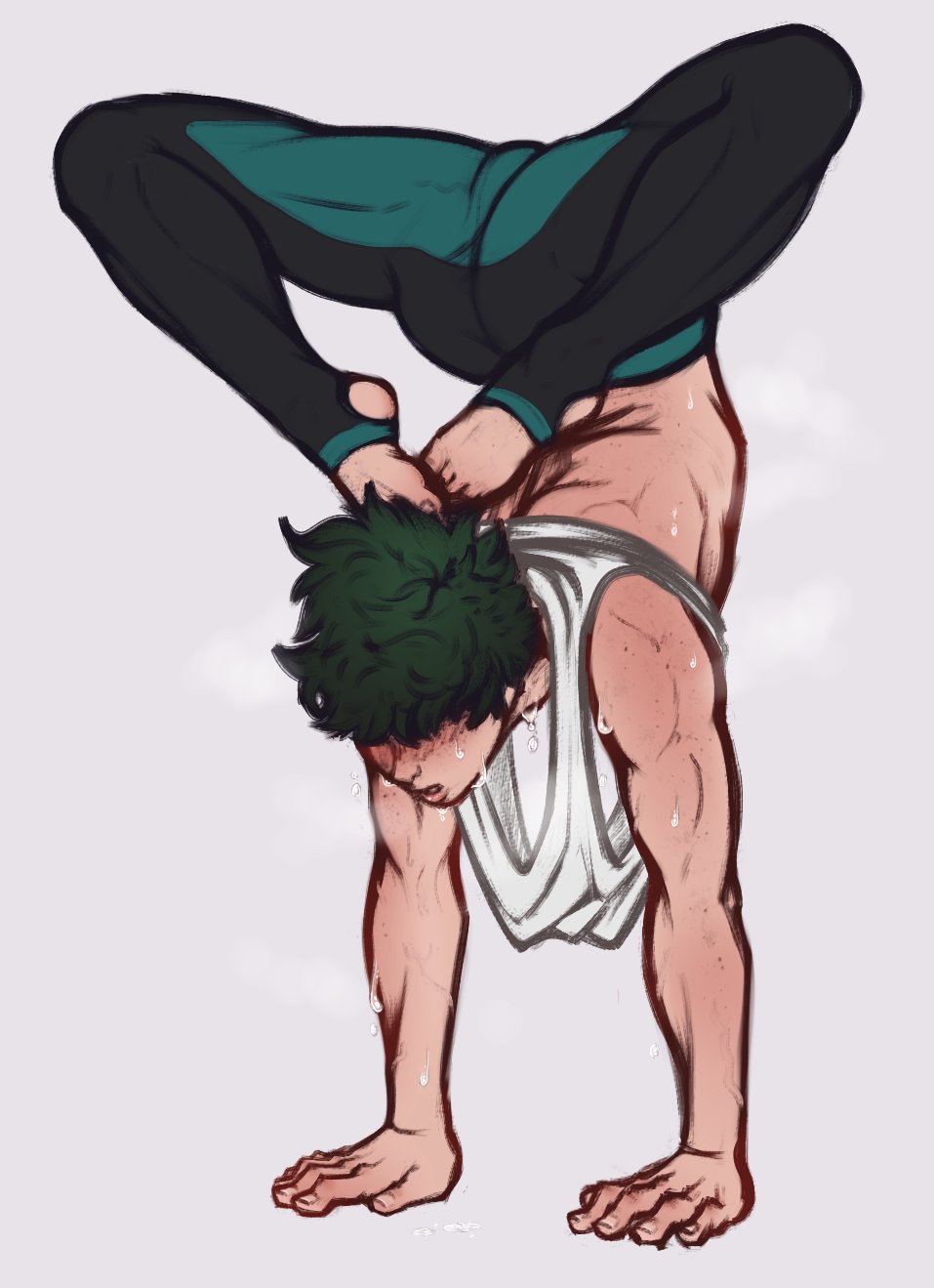 midoriya izuku, boku no hero academia, archived source, bad id, bad twitter id, highres, 1boy, alternate costume, ass, back, bulge, fingernails, flexible, full body, green hair, leggings, male focus, rancidscales, short hair, simple background, solo, sweat, tank top, very sweaty, white background, white tank top