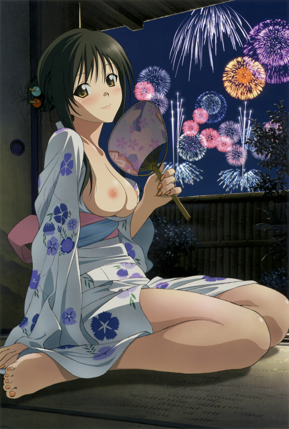 kotegawa yui, to love-ru, highres, non-web source, nude filter, scan, scan artifacts, third-party edit, 00s, 1girl, aerial fireworks, barefoot, black hair, blush, breasts, brown eyes, cleavage, female focus, fireworks, hand fan, japanese clothes, kimono, nail polish, night, nipples, nude, solo, tatami, yukata