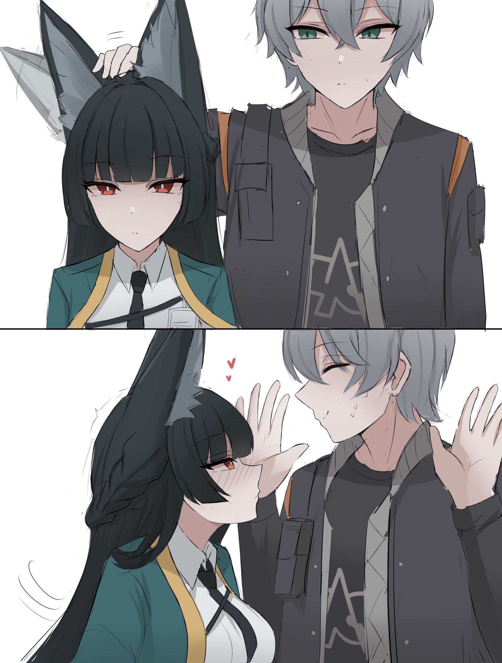 namikare, hoshimi miyabi, wise (zenless zone zero), zenless zone zero, highres, 1boy, 1girl, animal ears, black hair, black necktie, black shirt, blush, breasts, closed eyes, coat, fox ears, fox girl, green coat, green eyes, grey hair, headpat, heart, large breasts, necktie, nervous sweating, open clothes, open coat, red eyes, shirt, sweat