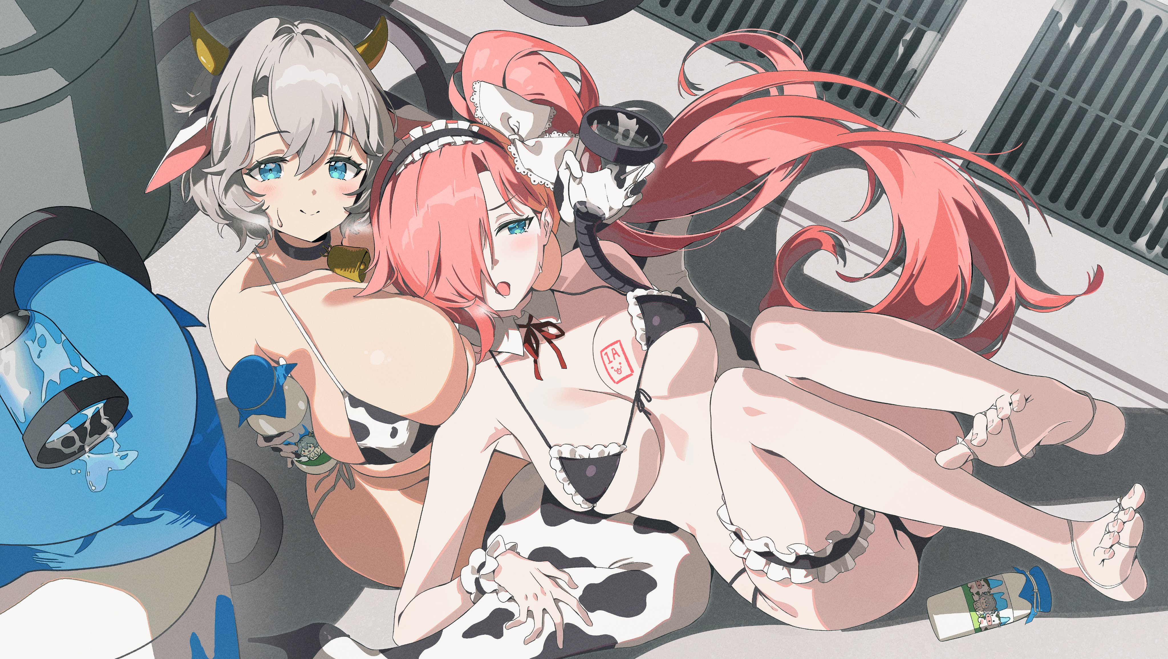 gogoco, rubia (brown dust), teresse (beachside angel) (brown dust), teresse (brown dust), brown dust (series), brown dust 2, absurdres, commentary, highres, 2girls, animal ear hairband, animal ears, animal print, ass, bell, bikini, black bikini, blue eyes, blush, bottle, breasts, closed mouth, cow ear hairband, cow ears, cow horns, cow print, cow print bikini, cow print gloves, cow print thighhighs, cowbell, detached collar, fake animal ears, frilled bikini, frilled wrist cuffs, frills, front-tie bikini top, front-tie top, full body, gloves, grey hair, hair between eyes, hair over one eye, hairband, horns, huge breasts, large breasts, long hair, looking at viewer, maid, maid bikini, maid headdress, milk bottle, multi-strapped bikini bottom, multiple girls, neck ribbon, open mouth, pink hair, ponytail, print bikini, print gloves, print thighhighs, ribbon, short hair, soles, swimsuit, thighhighs, toes, unconventional maid, very long hair, wrist cuffs