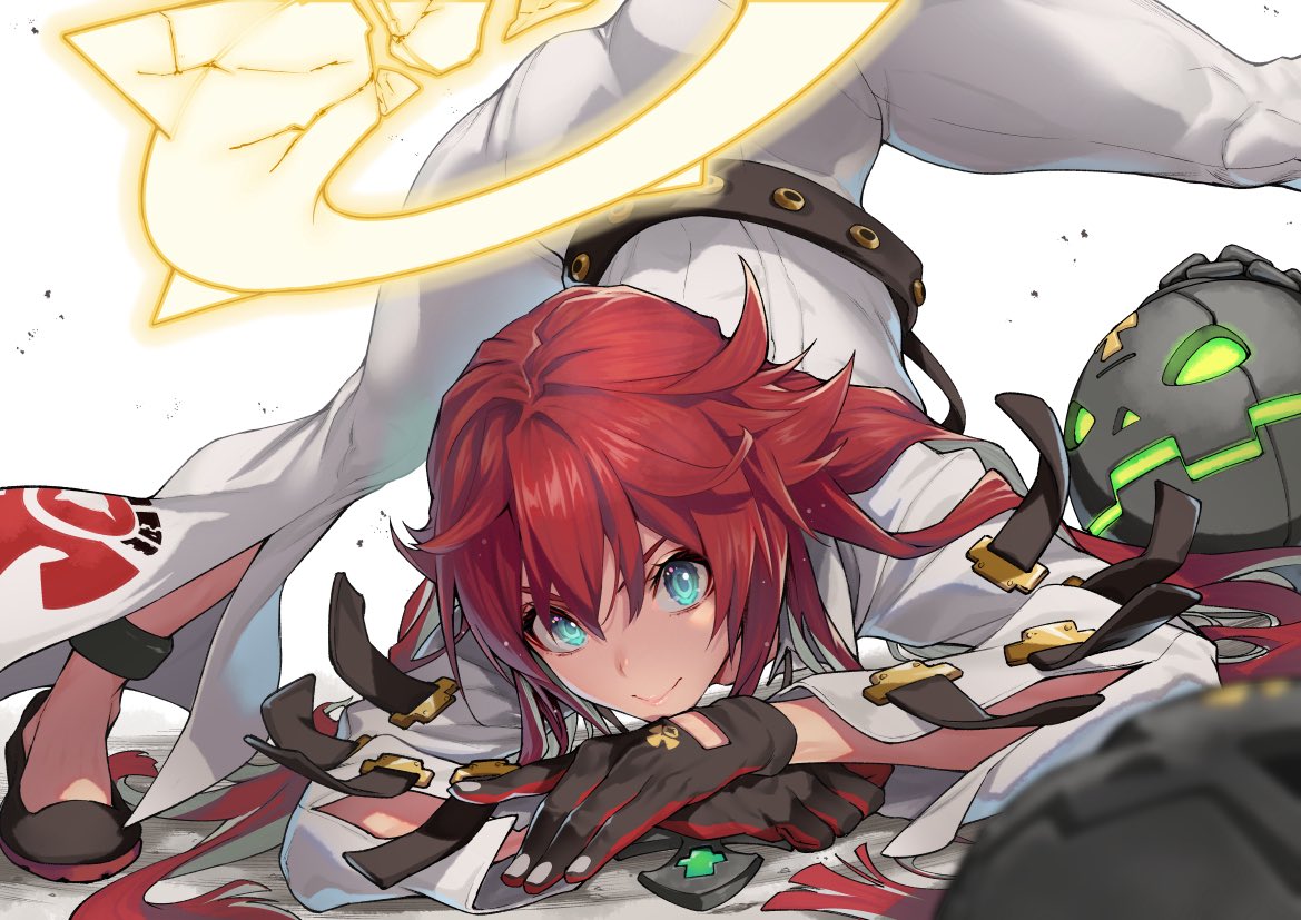 saeki shun, dorpos, jack-o' valentine, guilty gear, guilty gear strive, commentary, 1girl, anklet, ass, ball and chain restraint, bell-bottoms, belt, black belt, black gloves, black shoes, blue eyes, bodysuit, broken halo, closed mouth, colored inner hair, crossed arms, foot out of frame, gloves, hair between eyes, halo, jack-o' challenge, jewelry, long hair, looking at viewer, multicolored hair, pants, red gloves, red hair, shoes, simple background, smile, solo, spiked halo, spread legs, studded belt, top-down bottom-up, two-sided gloves, two-tone gloves, two-tone hair, v-shaped eyebrows, white background, white bodysuit, white hair, wide spread legs, yellow halo