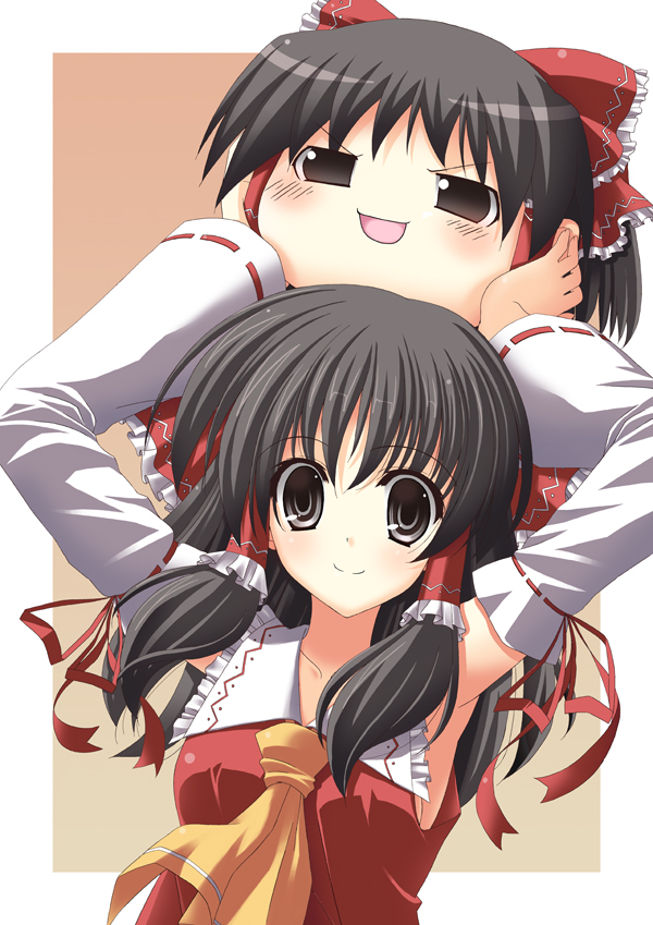 rappa (rappaya), hakurei reimu, touhou, 2girls, black eyes, black hair, detached sleeves, female focus, gradient background, japanese clothes, miko, multiple girls, solo, upper body, yukkuri shiteitte ne