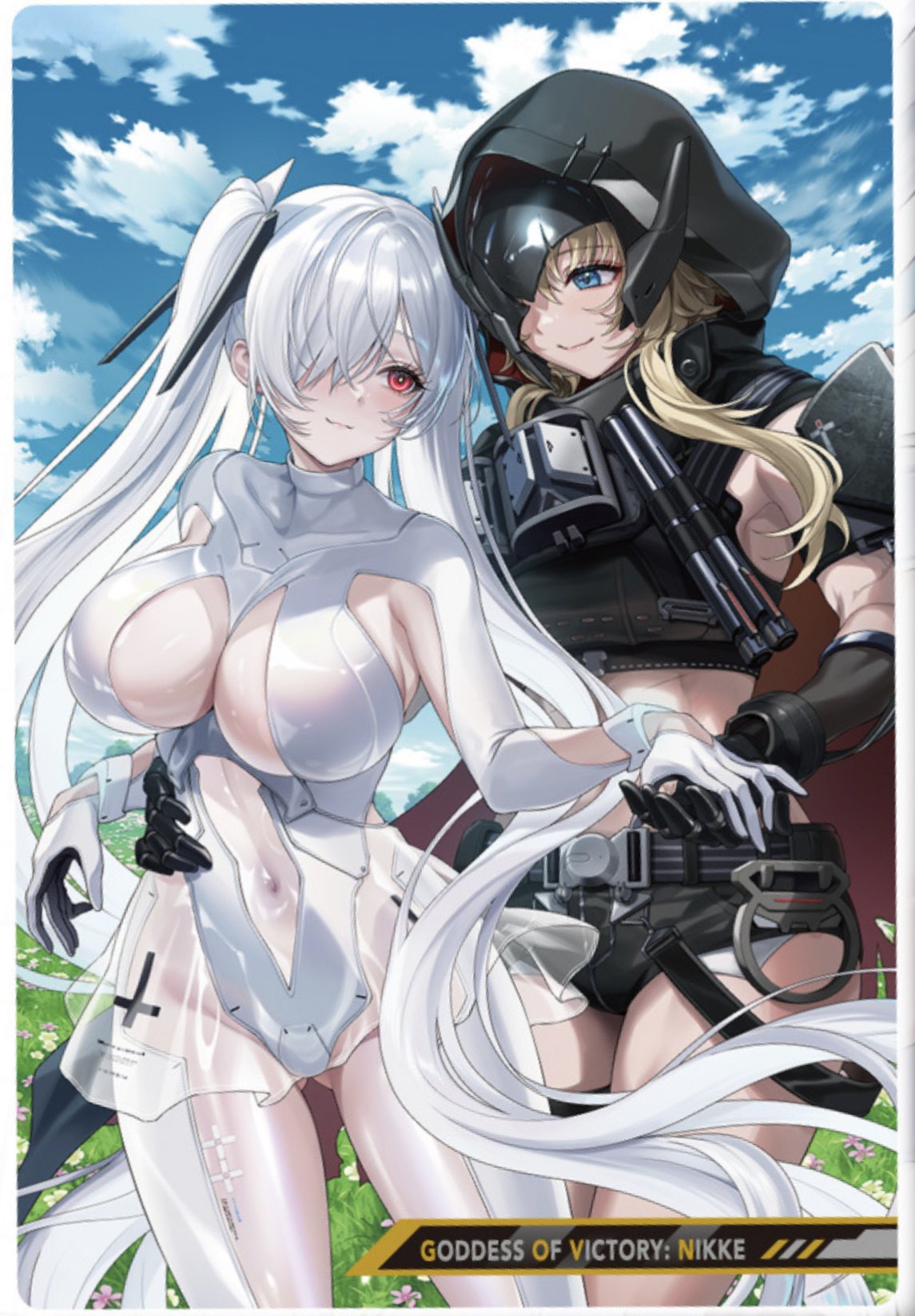 cinderella (nikke), grave (nikke), goddess of victory: nikke, shiny eyes, artist request, check commentary, commentary, commentary request, highres, 2girls, arm warmers, armpit cutout, bare shoulders, black cloak, blonde hair, blue eyes, blush, bodysuit, breasts, broken mask, cleavage, cloak, closed mouth, clothing cutout, eyewear hang, gloves, hair between eyes, hair over one eye, hood, hood up, hooded cloak, large breasts, leg cutout, long hair, mask, metal gloves, multiple girls, multiple scars, navel, navel cutout, necklace between breasts, one eye covered, red eyes, scar, scar on stomach, see-through bodysuit, see-through clothes, see-through skirt, sidelocks, single arm warmer, skirt, smile, stomach cutout, torn cloak, torn clothes, twintails, unworn eyewear, very long hair, white bodysuit, white hair