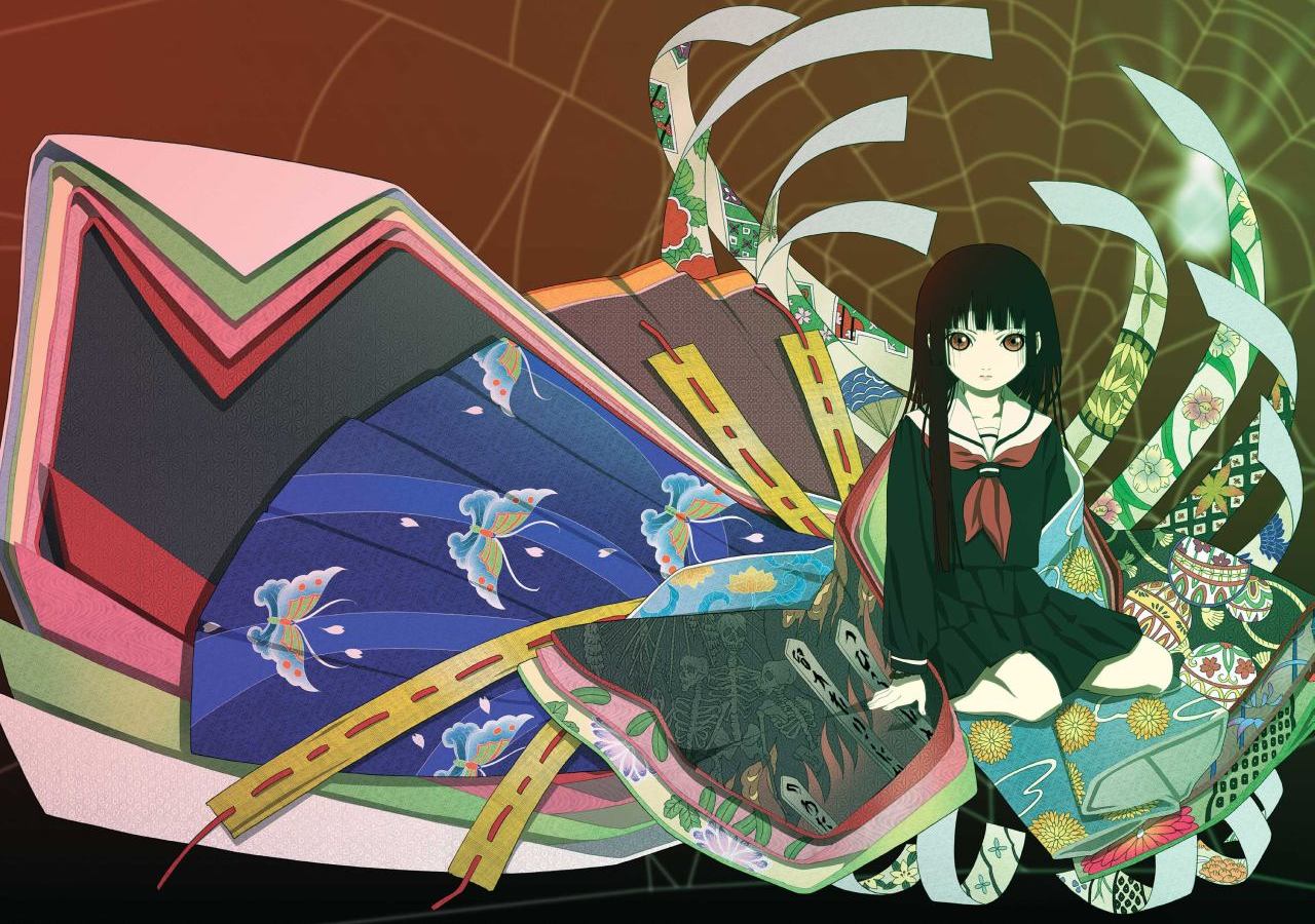 enma ai, jigoku shoujo, official art, 00s, black hair, long hair, red eyes, school uniform