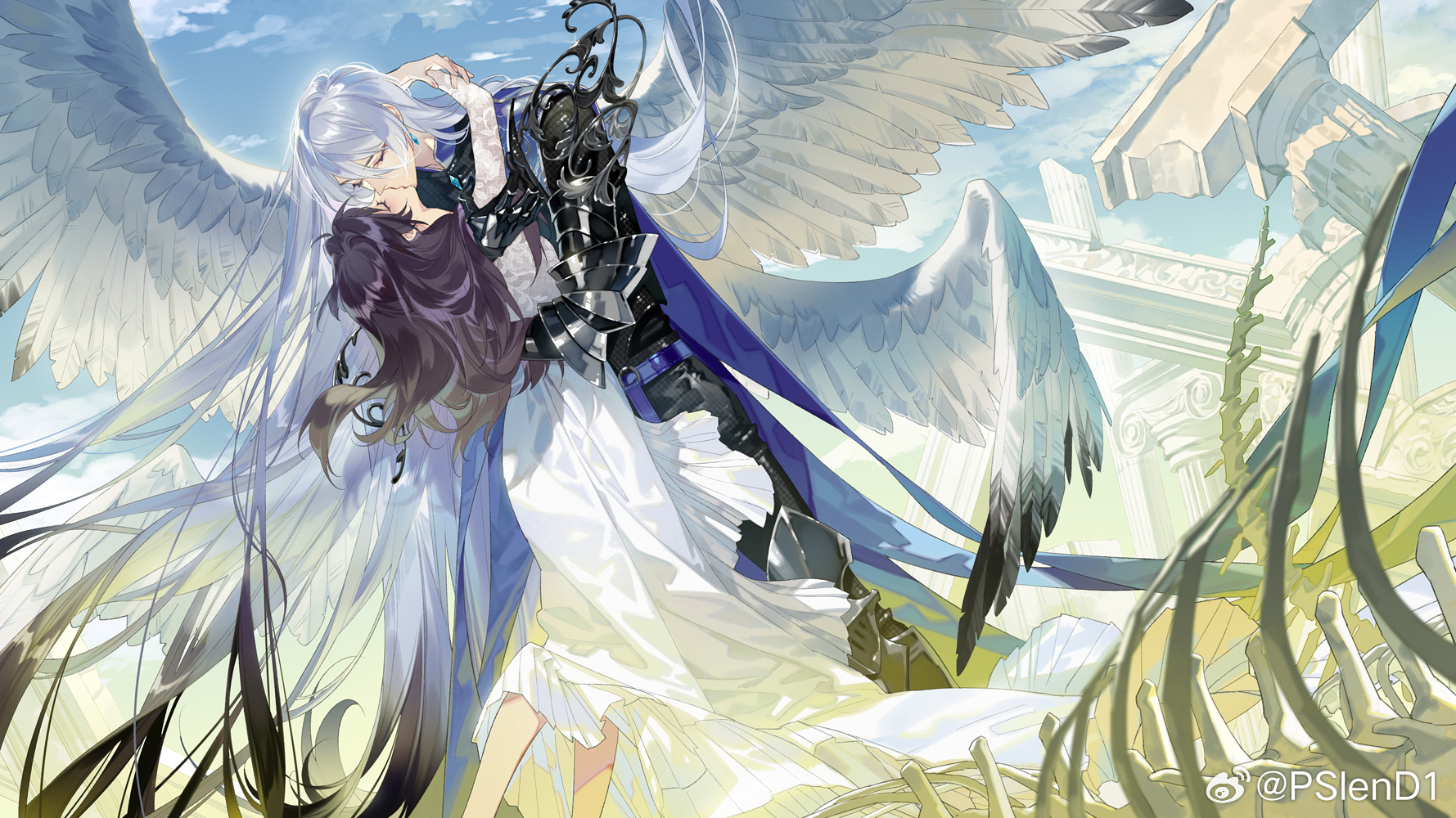 psd (psdgai), cael anselm, cael anselm (until the end of time), heroine (lovebrush chronicles), lovebrush chronicles, chinese commentary, highres, official art, 1boy, 1girl, absurdly long hair, angel wings, animal skeleton, armor, arms around neck, belt, black gloves, black hair, black jacket, black pants, blue belt, blush, broken pillar, brooch, closed eyes, cloud, colored tips, couter, crystal earrings, day, dress, earrings, feathered wings, feet out of frame, from side, gauntlets, gloves, greaves, hair between eyes, height difference, hug, jacket, jewelry, kiss, lace, lace sleeves, long bangs, long dress, long hair, long hair between eyes, long sleeves, multicolored hair, multiple wings, outdoors, pants, pillar, poleyn, profile, rerebrace, shoulder armor, standing, stone pillar, very long hair, watermark, weibo watermark, white dress, white hair, white wings, wings