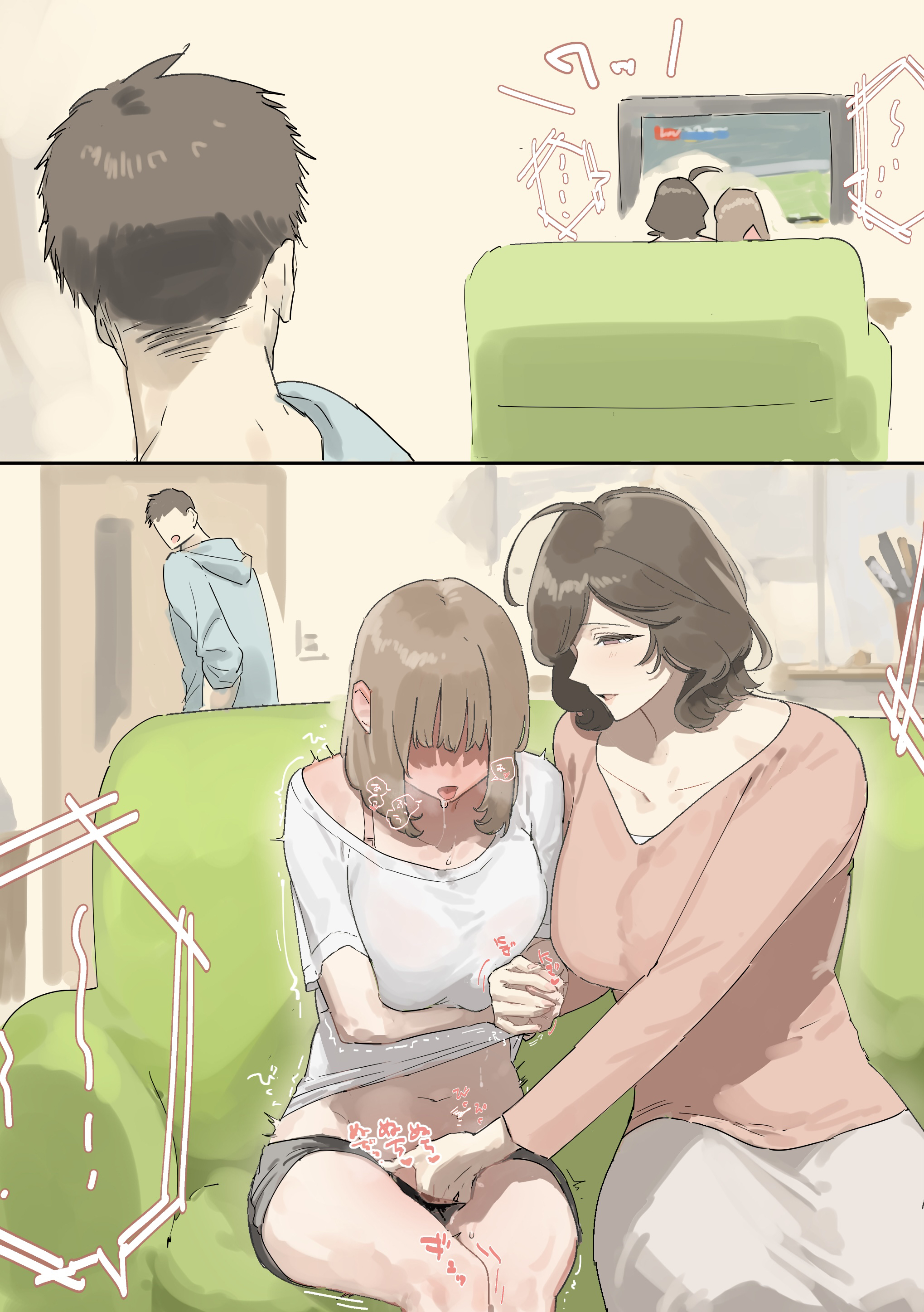 original, absurdres, commentary request, highres, 1boy, 2girls, black shorts, blue hoodie, blush, breasts, brown eyes, brown hair, clothes lift, couch, fingering, holding hands, hood, hoodie, indoors, large breasts, living room, medium hair, multiple girls, navel, npoyobashi, on couch, open mouth, parted lips, pink shirt, pussy juice, saliva, saliva trail, shirt, shirt lift, short hair, shorts, sitting, skirt, smile, stealth sex, sweat, television, white shirt, white skirt, yuri