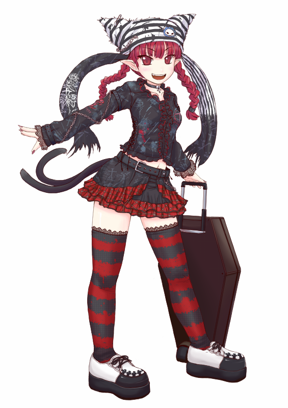 neru fia, kaenbyou rin, touhou, lace-trimmed legwear, platform footwear, 1girl, :d, alternate costume, animal ears, animal hat, belt, black shirt, blouse, blunt bangs, braid, buckle, cart, cat ears, cat girl, cat tail, contemporary, female focus, fingernails, full body, hat, hat with ears, lace, lace trim, long fingernails, long sleeves, looking at viewer, multiple tails, nail polish, navel, open mouth, outstretched arm, plaid clothes, plaid skirt, pointy ears, red eyes, red hair, red nails, ribbon, rolling suitcase, shirt, simple background, skirt, smile, solo, standing, striped clothes, striped thighhighs, suitcase, swimsuit, tail, thighhighs, tsurime, twin braids, twintails, white background
