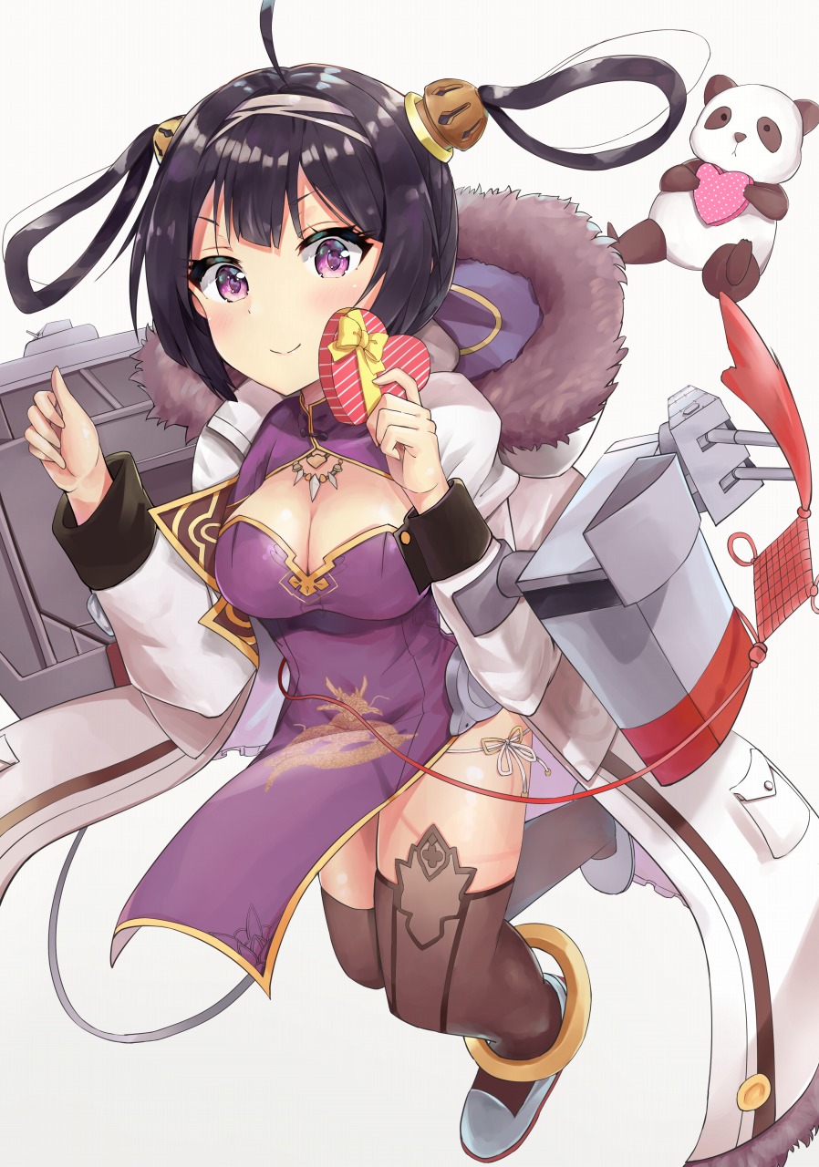 racchi., ning hai (azur lane), azur lane, commentary request, highres, 1girl, black hair, black thighhighs, box, breasts, china dress, chinese clothes, coat, dress, full body, grey background, hair rings, heart-shaped box, holding, holding box, long sleeves, looking at viewer, panties, pelvic curtain, purple dress, purple eyes, rigging, side-tie panties, simple background, solo, stuffed animal, stuffed panda, stuffed toy, thighhighs, underwear, white coat
