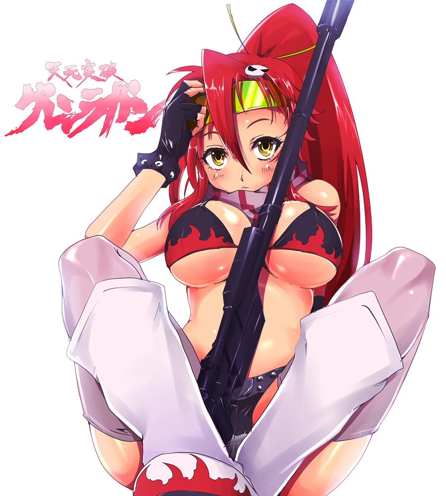 kasai shin, yoko littner, tengen toppa gurren lagann, 00s, 1girl, anti-materiel rifle, between breasts, bikini, bikini top only, blush, boots, breasts, female focus, gloves, gun, hair ornament, hairclip, large breasts, ponytail, red hair, rifle, safety glasses, sitting, sniper rifle, solo, sunglasses, sunglasses on head, swimsuit, thighhighs, tinted eyewear, underboob, weapon, yellow-tinted eyewear, yellow eyes