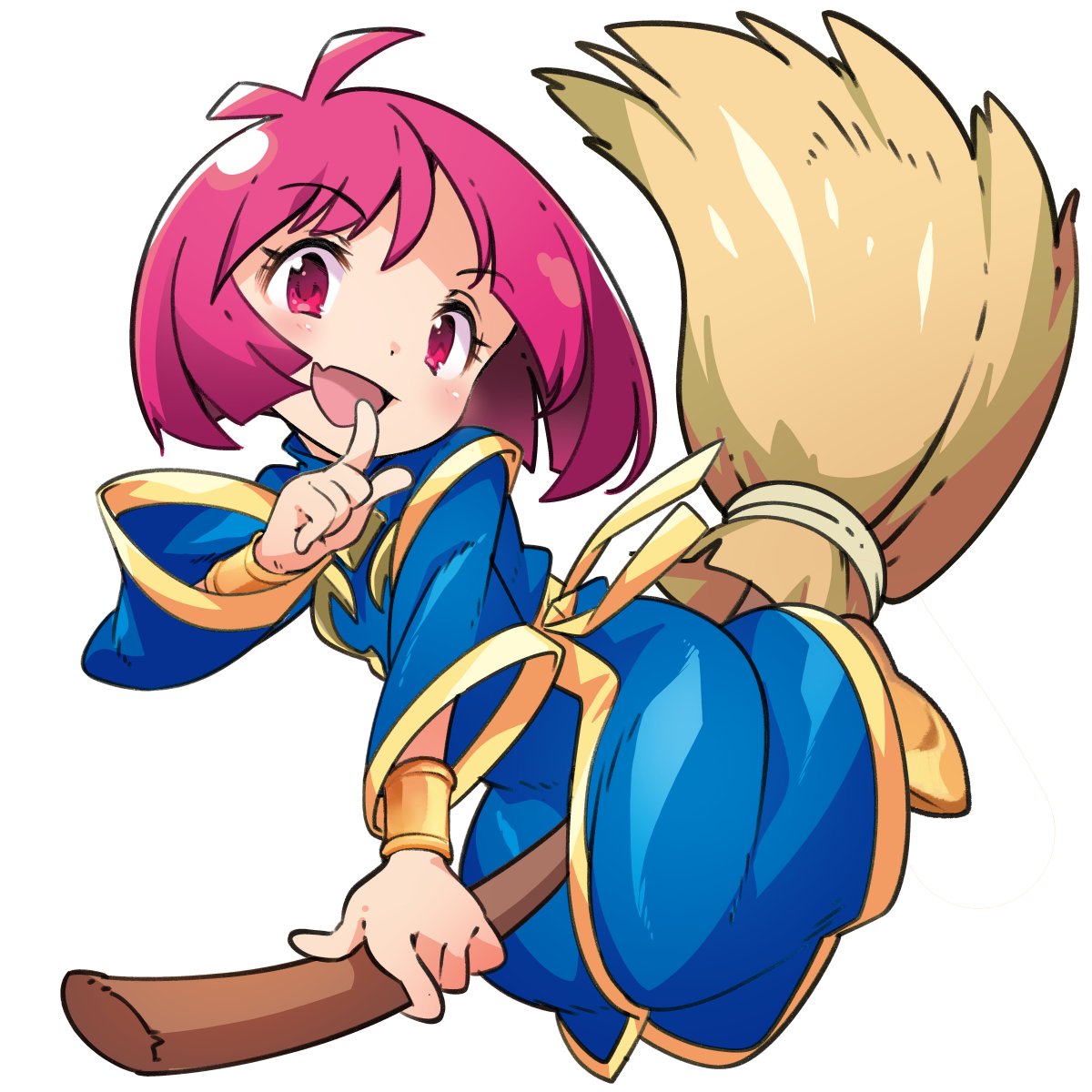 transpot nonoko, cotton (character), cotton (game), highres, 1girl, ahoge, blue robe, bob cut, broom, broom riding, full body, index finger raised, looking at viewer, open mouth, pink hair, red eyes, robe, short hair, witch