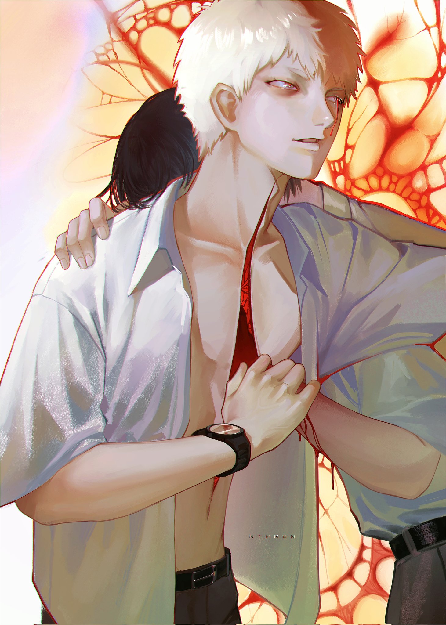 nthndn, indou hikaru, tsujinaka yoshiki, hikaru ga shinda natsu, highres, 2boys, belt, black belt, black hair, black pants, blood, collarbone, collared shirt, deep wound, injury, male focus, melting eyes, multiple boys, open clothes, open shirt, pants, shirt, short hair, short sleeves, watch, white hair, white shirt, wristwatch