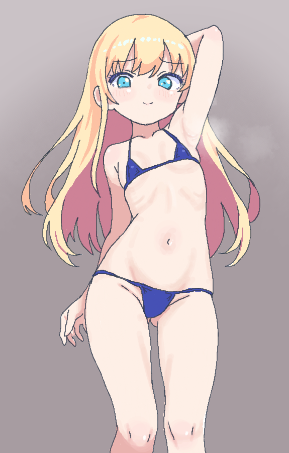 nattocurryumeee, original, 1girl, arm behind head, armpits, bikini, blonde hair, blue bikini, blue eyes, contrapposto, feet out of frame, flat chest, from below, gluteal fold, long hair, micro bikini, navel, paint chat (medium), solo, swimsuit