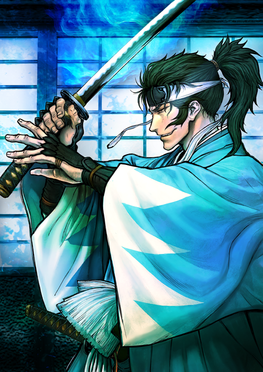 yogo yuuki, hijikata toshizou (fate), fate/grand order, fate (series), game cg, official art, third-party source, 1boy, aqua haori, armor, black hair, blue theme, fighting stance, forehead protector, from side, grin, hair tie, haori, headband, high ponytail, hijikata toshizou (teal haori and hakama) (fate), holding, holding sword, holding weapon, indoors, japanese armor, japanese clothes, katana, kote, long sleeves, male focus, medium hair, ponytail, shinsengumi, smile, solo, sword, upper body, weapon, white headband, wide sleeves