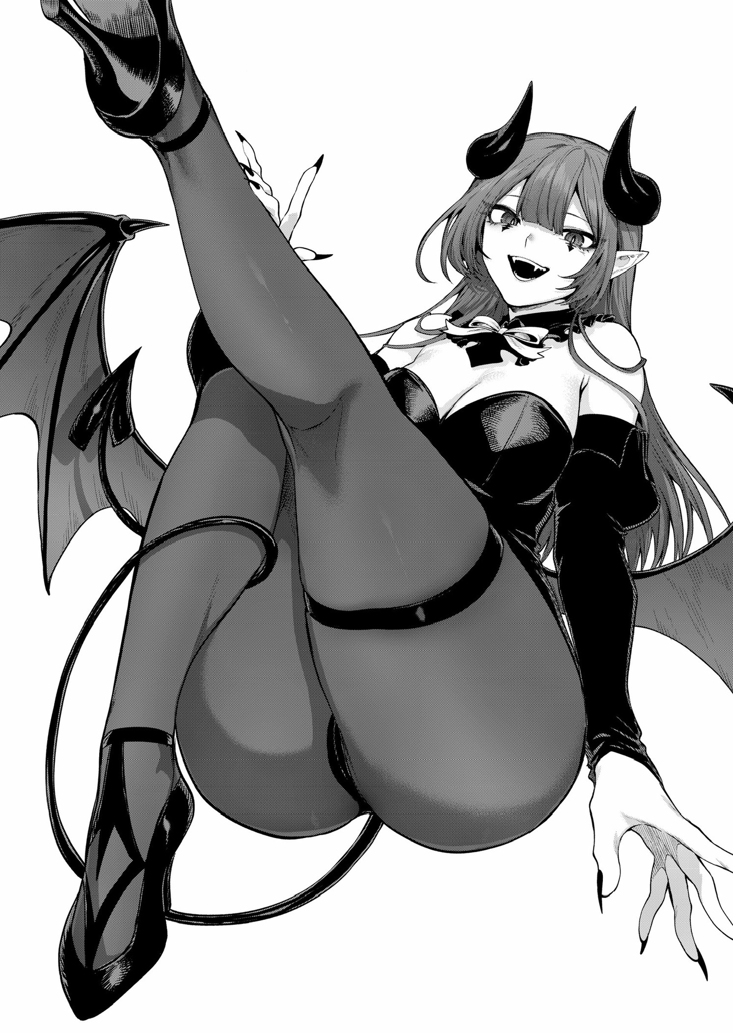mashutarou (neko no oyashiro), original, highres, 1girl, bare shoulders, black leotard, black nails, black pantyhose, blush, breasts, demon girl, demon horns, demon tail, demon wings, detached collar, high heels, horns, large breasts, leotard, long hair, looking at viewer, monochrome, open mouth, pantyhose, pointy ears, smile, solo, tail, teardrop facial mark, thigh strap, wings