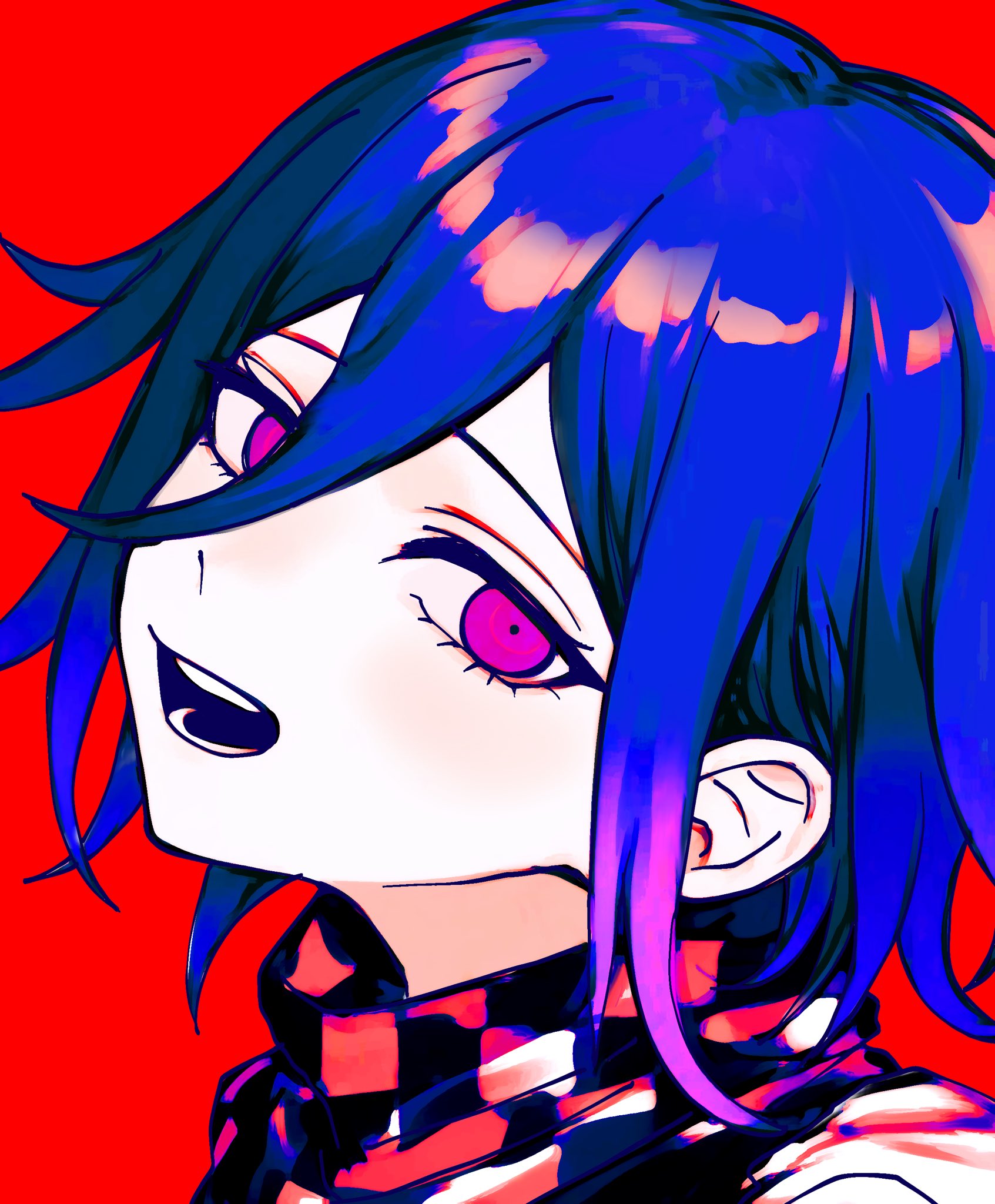oma kokichi, danganronpa (series), danganronpa v3: killing harmony, commentary request, highres, 1boy, bishounen, blue hair, checkered clothes, checkered scarf, eyelashes, flipped hair, from side, hair between eyes, looking at viewer, male focus, open mouth, pink eyes, portrait, purple hair, red background, ringed eyes, scarf, short hair, teeth, to sawa teru