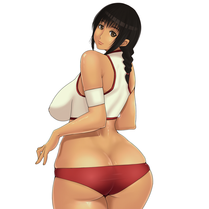 monmonism, original, bad id, bad pixiv id, 1girl, ass, bare shoulders, black hair, braid, breasts, brown eyes, curvy, female focus, huge ass, large breasts, looking back, single braid, skindentation, solo, thighs