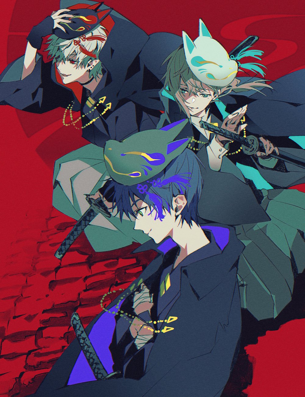 akke (akke299), kanae (nijisanji), kenmochi touya, kuzuha (nijisanji), nijisanji, highres, 3boys, bandaged hand, bandages, black choker, black gloves, black jacket, black kimono, black nails, blue eyes, blue hair, brown hair, cape, choker, closed mouth, crossed arms, ear piercing, earrings, fighting stance, fingerless gloves, fingernails, fox mask, gloves, green eyes, green hakama, hakama, hat, holding, holding mask, holding sword, holding weapon, hood, hooded jacket, jacket, jacket on shoulders, japanese clothes, jewelry, katana, kimono, long hair, looking to the side, low ponytail, male focus, mask, mask on head, mole, mole under eye, multiple boys, nail polish, parted lips, piercing, pointy ears, ponytail, red background, red eyes, sharp fingernails, sheath, sheathed, short hair, smile, sword, tassel, unworn mask, virtual youtuber, weapon, white hair