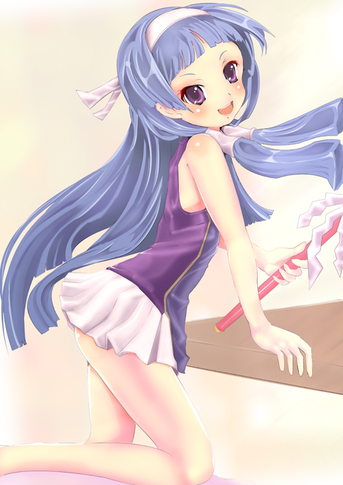 teruru, nagi, kannagi, bad id, bad pixiv id, 00s, 1girl, arm support, ass, blue hair, blunt bangs, blush, female focus, fingernails, flat chest, gohei, hair tubes, hairband, head tilt, hime cut, holding, kneeling, long fingernails, long hair, looking at viewer, looking back, miniskirt, oonusa, open mouth, pleated skirt, profile, purple eyes, skirt, solo, table, tank top, very long hair, white skirt
