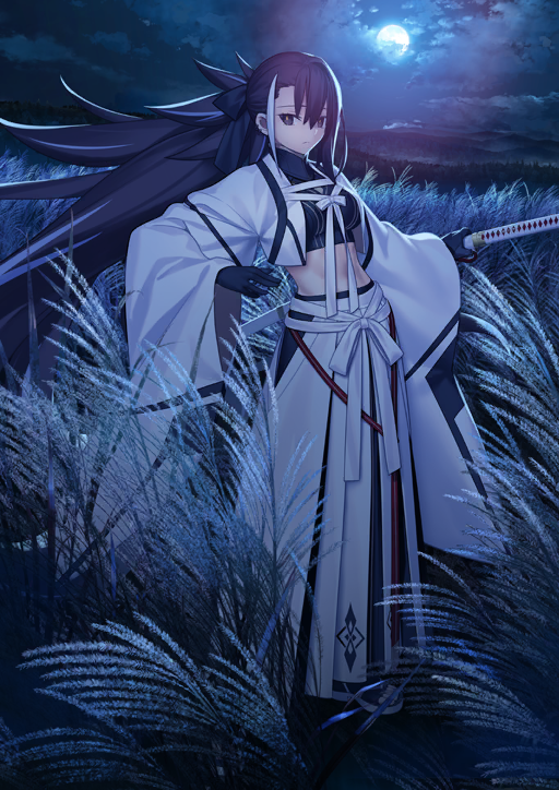 takeuchi takashi, kawakami gensai (fate), fate/grand order, fate (series), game cg, official art, third-party source, variant set, 1girl, black gloves, black hair, breasts, brown eyes, closed mouth, cool colored, ear piercing, expressionless, full body, full moon, gloves, hair between eyes, holding, holding sword, holding weapon, japanese clothes, katana, kawakami gensai (third ascension) (fate), long hair, long sleeves, looking at viewer, medium breasts, midriff, moon, moonlight, multicolored hair, night, night sky, outdoors, piercing, ponytail, sandals, sky, solo, standing, streaked hair, sword, very long hair, weapon, wide sleeves