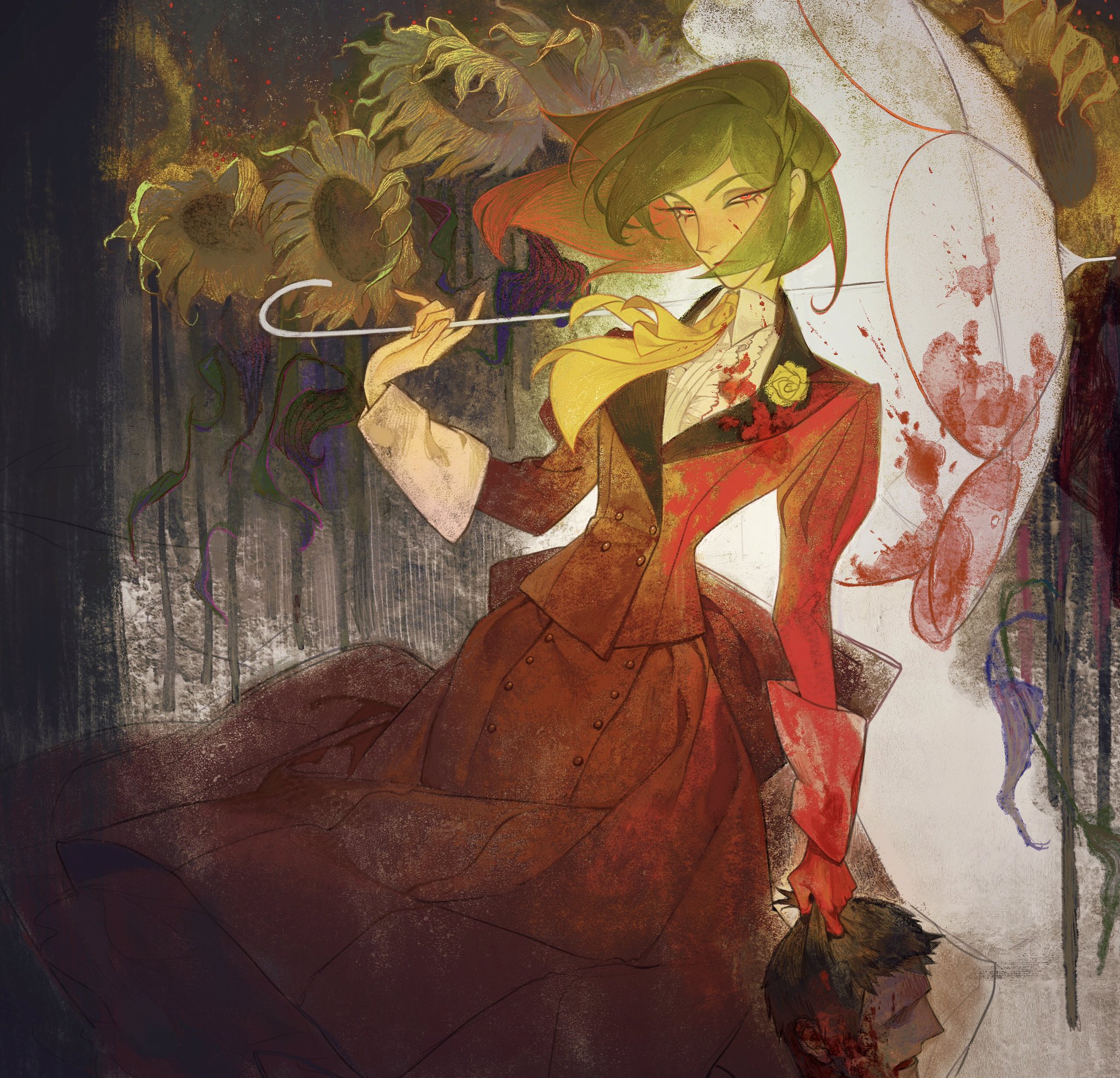 lepetitsyn, kazami yuuka, touhou, commentary, english commentary, highres, 1girl, adapted costume, arm at side, ascot, back bow, blood, blood on clothes, blood on face, blood on hands, blunt ends, bob cut, boutonniere, bow, brown eyeshadow, buttons, center frills, collared shirt, covered mouth, double-breasted, feet out of frame, field, flower, flower field, frills, frown, green hair, half-closed eyes, hand up, holding, holding detached head, holding umbrella, inverted bob, jacket, juliet sleeves, lapels, lipstick, long skirt, long sleeves, looking at viewer, makeup, parasol, peaked lapels, puffy sleeves, red eyes, red jacket, red lips, red skirt, severed head, shirt, short hair, sideways glance, skirt, skirt set, sleeve cuffs, solo, standing, sunflower, sunflower field, swept bangs, umbrella, umbrella over shoulder, v-shaped eyebrows, white shirt, white umbrella, wilted flower, yellow ascot