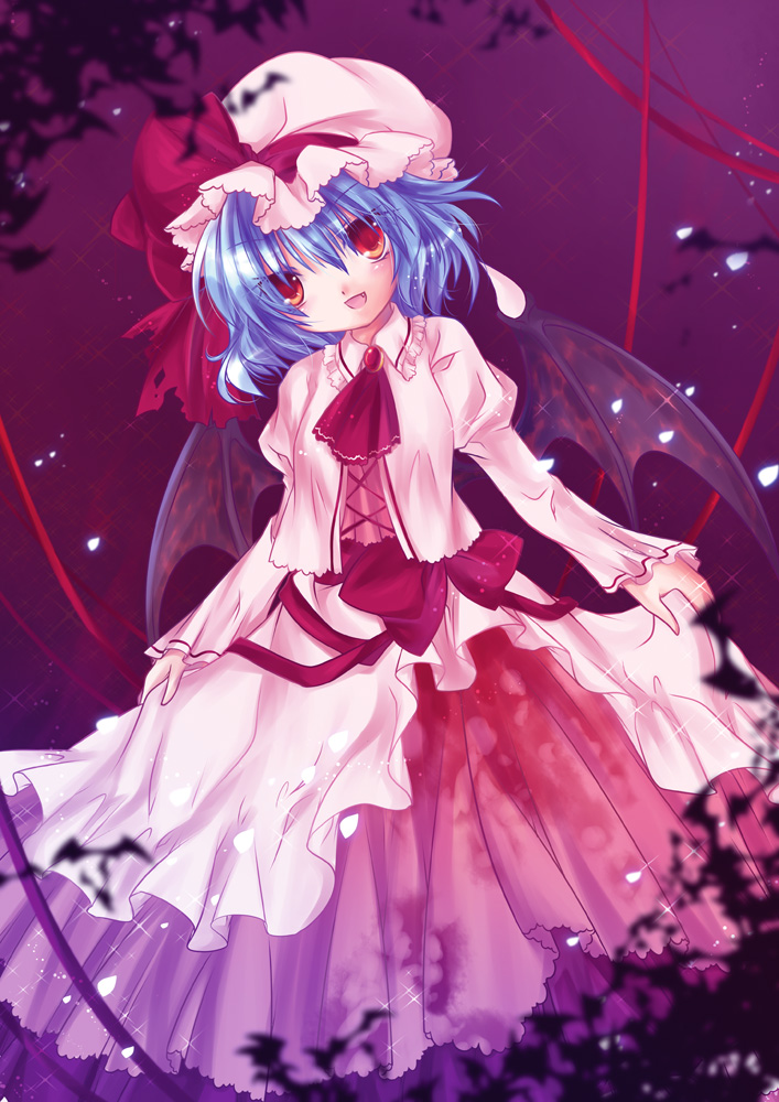 anna (small night), hane (x20285), remilia scarlet, touhou, silver hair, 1girl, :d, ascot, blush, dress, female focus, hat, juliet sleeves, long sleeves, looking at viewer, mob cap, open mouth, puffy long sleeves, puffy short sleeves, puffy sleeves, red eyes, short hair, short sleeves, smile, solo, tareme, white dress