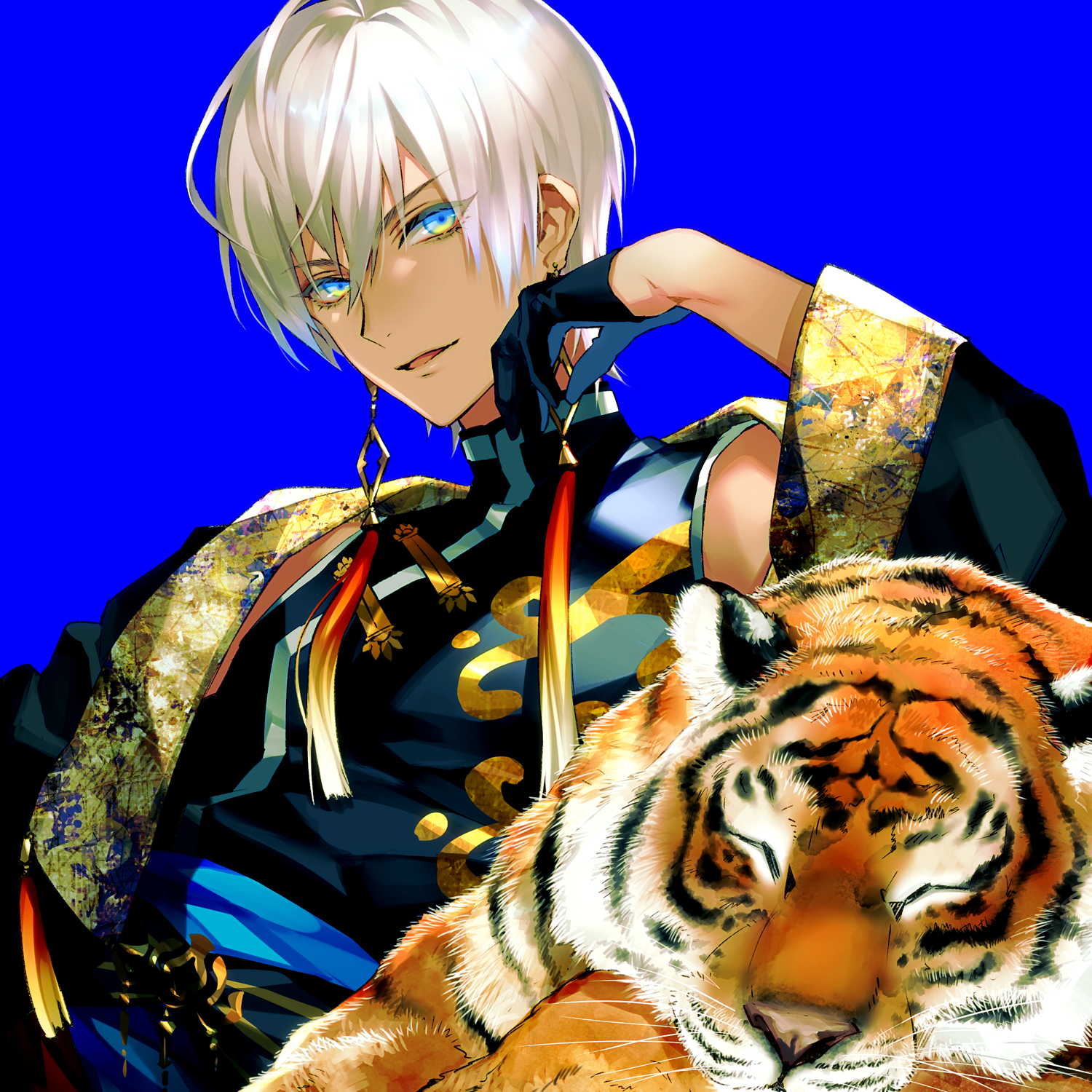 akke (akke299), ibrahim (nijisanji), nijisanji, highres, 1boy, animal, black gloves, black jacket, black shirt, blue background, blue eyes, blue sash, chinese clothes, chinese knot, dark-skinned male, dark skin, earrings, gloves, hair between eyes, half gloves, hand on own cheek, hand on own face, head rest, jacket, jewelry, long sleeves, looking at viewer, male focus, open clothes, open jacket, open mouth, parted lips, sash, shirt, short hair, simple background, sleeveless, sleeveless shirt, smile, solo, tangzhuang, tassel, tassel earrings, tiger, turtleneck, upper body, virtual youtuber, white hair