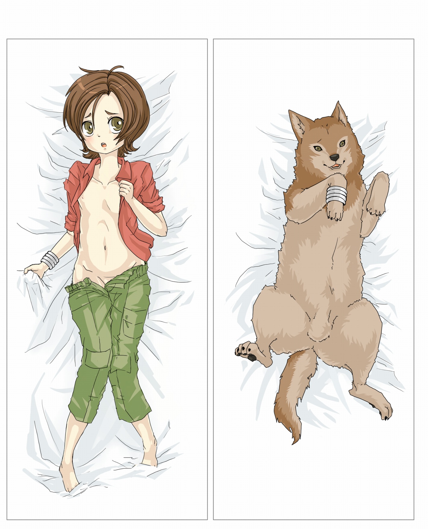 shiroinu, toboe, wolf's rain, bad id, bad pixiv id, highres, 00s, 1boy, animal, bed, bed sheet, bracelet, brown eyes, brown hair, dakimakura (medium), dual persona, full body, jewelry, lying, male focus, navel, open clothes, open shirt, pants, shirt, short hair, shota, sleeves rolled up, solo, trap, undressing, wolf