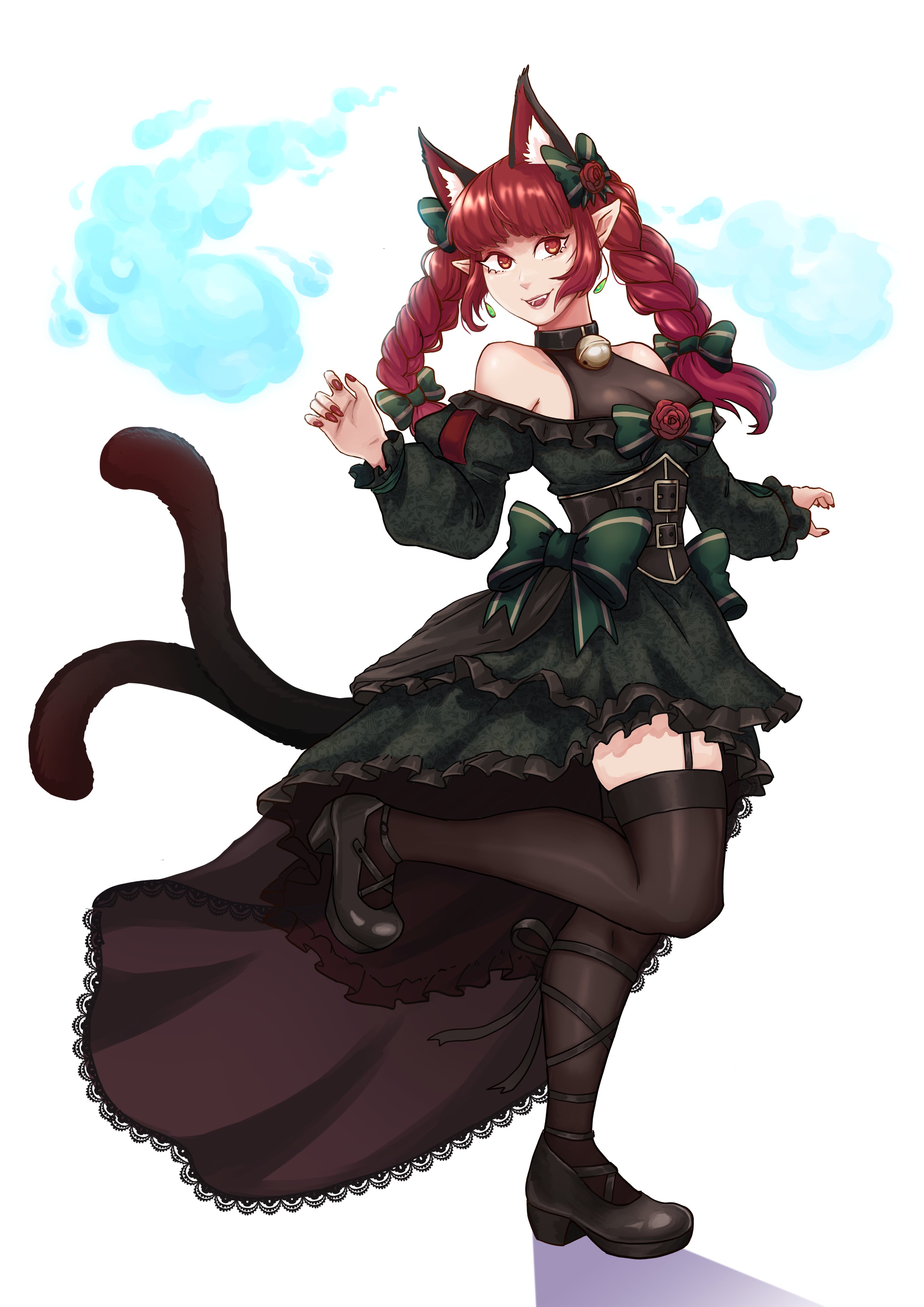 pujol art, kaenbyou rin, touhou, absurdres, highres, 1girl, animal ears, bare shoulders, bell, bow, braid, buckle, cat ears, corset, dress, earrings, extra ears, flower, frilled dress, frilled sleeves, frills, full body, garter belt, garter straps, hair bow, hitodama, jewelry, leg ribbon, multiple hair bows, multiple tails, neck bell, pointy ears, red eyes, red flower, red hair, red nails, red rose, ribbon, rose, smile, solo, standing, standing on one leg, tail, thighhighs, twin braids, two tails, white background