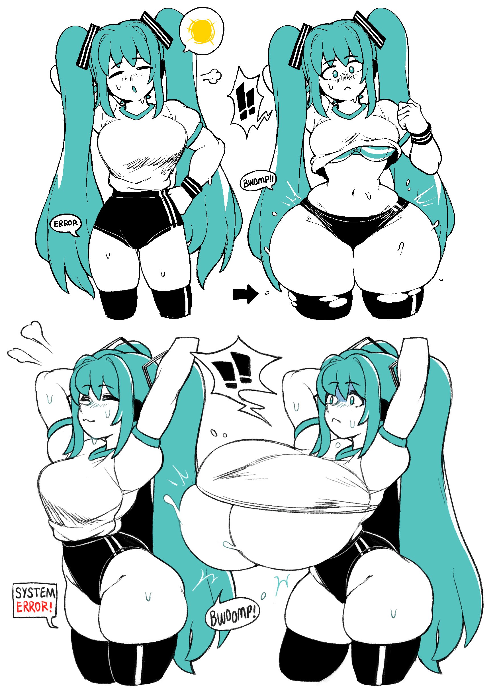dizzyspells, hatsune miku, vocaloid, absurdres, highres, aqua eyes, aqua hair, black thighhighs, bra, breast expansion, breasts, buruma, clothes lift, gigantic breasts, gym shirt, gym uniform, large breasts, long hair, navel, shirt, shirt lift, simple background, thick thighs, thighhighs, thighs, twintails, underwear, white background