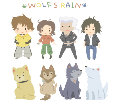 shiroinu, hige, kiba, toboe, tsume, wolf's rain, lowres, 00s, 4boys, animal, chibi, dog, male focus, multiple boys, multiple dogs, wolf