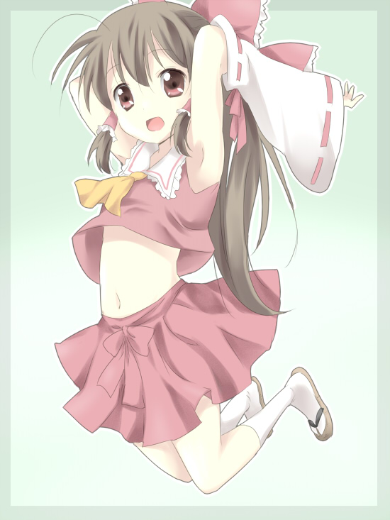 maruki (punchiki), hakurei reimu, touhou, bad id, bad pixiv id, 1girl, armpits, detached sleeves, female focus, full body, gradient background, japanese clothes, long hair, midriff, miko, navel, ribbon, skirt, socks, solo