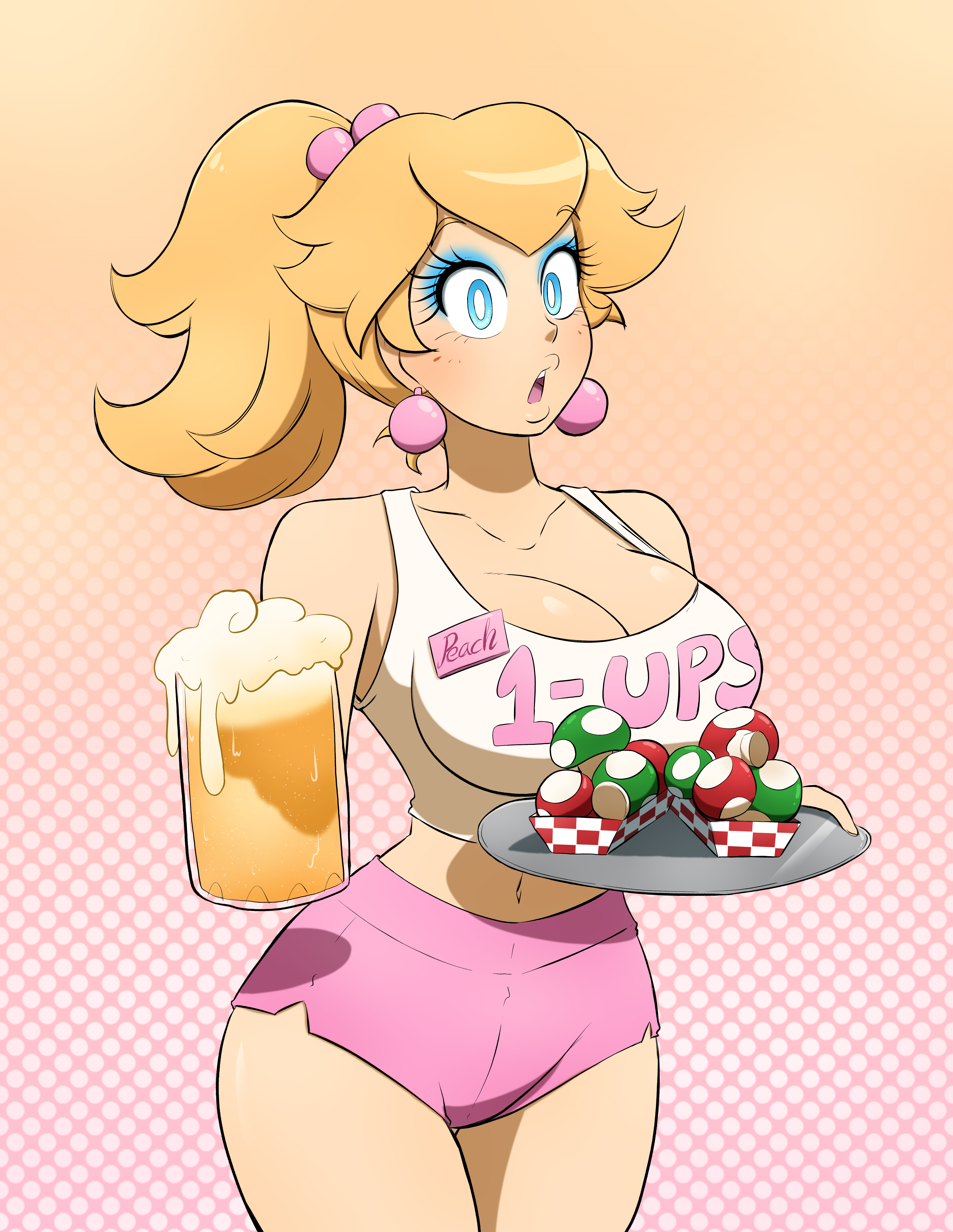 princess peach, mario (series), nintendo, highres, 1girl, beer mug, blonde hair, blue eyes, breasts, cleavage, large breasts, legs, lips, long hair, looking at viewer, makeup, midriff, mug, navel, open mouth, ponytail, princess, shorts, solo, tank top, teeth, thick thighs, thighs, tongue, waitress, wide hips