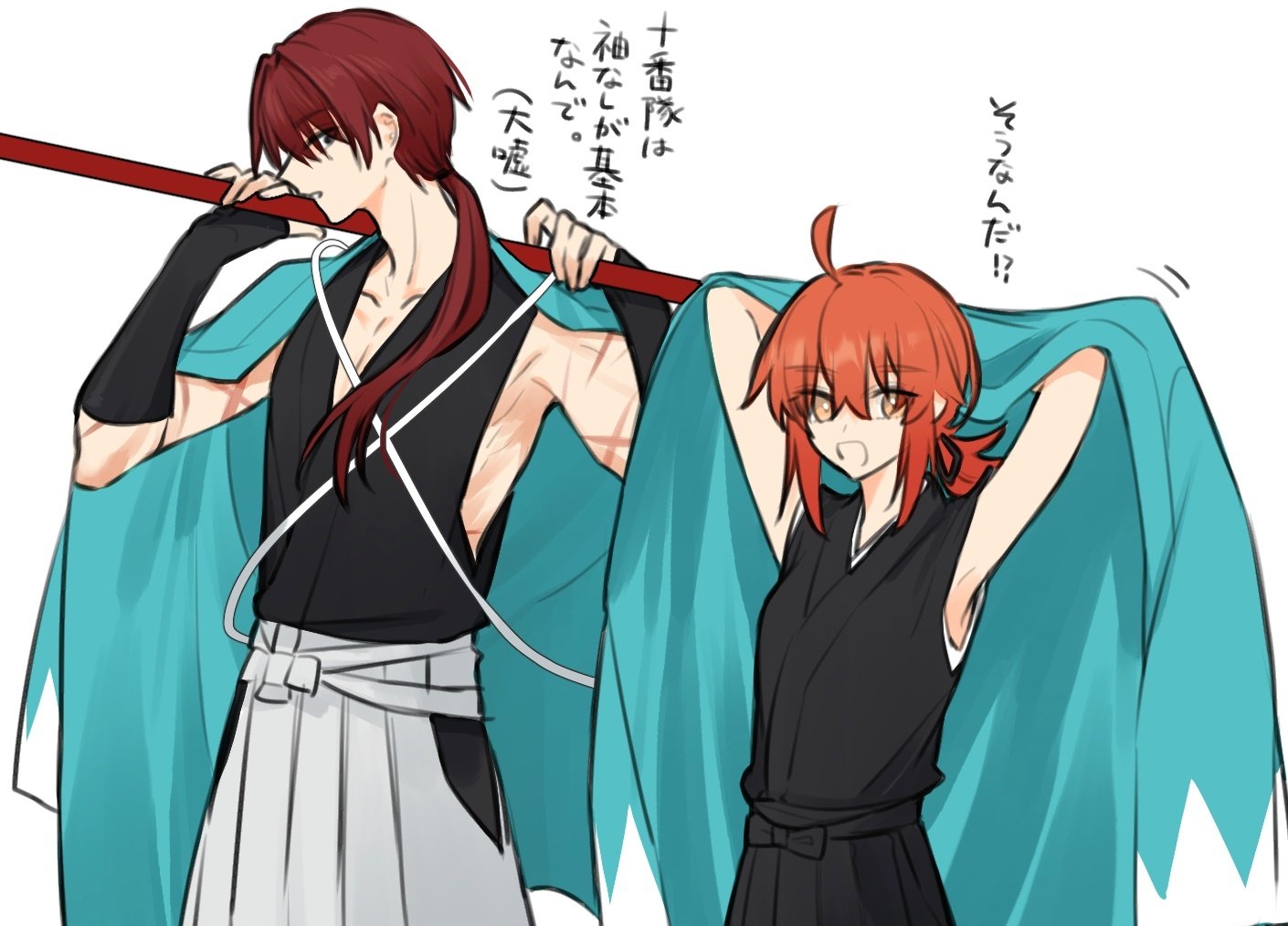 yukihara sbgd, fujimaru ritsuka (female), fate/grand order, fate (series), 1boy, 1girl, ahoge, blue haori, fujimaru ritsuka (female) (teal uniform), haori, harada sanosuke (fate), harada sanosuke (teal haori and hakama) (fate), holding, holding polearm, holding weapon, japanese clothes, long hair, multiple scars, open clothes, orange eyes, orange hair, polearm, ponytail, red hair, scar, short hair, weapon