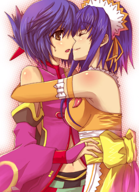 isya, luca truelywaath, soraneko (ar tonelico), ar tonelico, ar tonelico ii, gust, 00s, 2girls, apron, blue hair, blush, bow, bridal gauntlets, hair ornament, headdress, hug, imminent kiss, kiss, multiple girls, short hair, waitress, yuri
