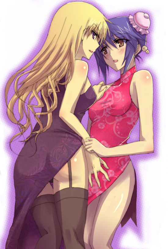 isya, chroche latel pastalie, luca truelywaath, ar tonelico, ar tonelico ii, gust, 00s, 2girls, ass, bell, black thighhighs, blonde hair, blue hair, blush, bun cover, china dress, chinese clothes, dress, garter belt, hair bun, multiple girls, purple eyes, side slit, single hair bun, sleeveless, thighhighs, yellow eyes, yuri