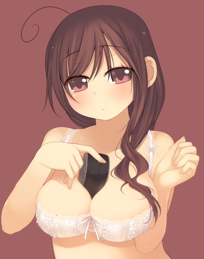 kashiwamochi yomogi, arima senne, original, 1girl, ahoge, between breasts, bow, bow bra, bra, breasts, brown hair, cleavage, computer mouse, female focus, lace, large breasts, lingerie, long hair, mole, mole on breast, no eyewear, red eyes, solo, underwear
