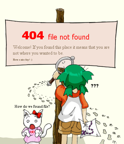 koiwai yotsuba, moot, 4chan, yotsubato!, lowres, 1girl, 404, ?, cat, child, english text, footprints, http status code, magnifying glass, map, meme, quad tails, raglan sleeves, shorts, shrugging, sign, text focus