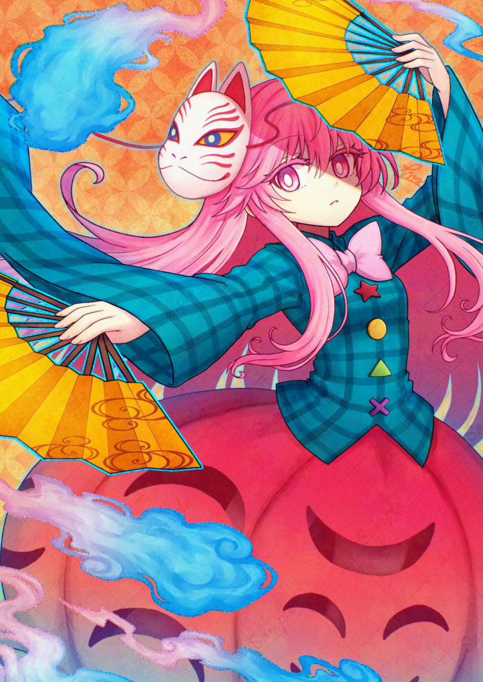 miruki, hata no kokoro, touhou, commentary request, highres, 1girl, album cover, blue shirt, bow, bowtie, bright pupils, bubble skirt, closed mouth, cover, expressionless, folding fan, fox mask, hand fan, holding, holding fan, long hair, long sleeves, looking at viewer, mask, mask on head, pink bow, pink bowtie, pink eyes, pink hair, plaid clothes, plaid shirt, shirt, skirt, skirt cutout, solo, sound refil, very long hair, white pupils