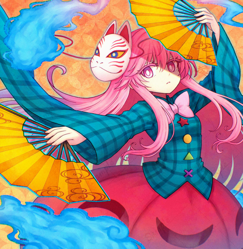 miruki, hata no kokoro, touhou, commentary request, 1girl, blue shirt, bow, bowtie, bright pupils, bubble skirt, closed mouth, expressionless, folding fan, fox mask, hand fan, holding, holding fan, long hair, long sleeves, looking at viewer, mask, mask on head, pink bow, pink bowtie, pink eyes, pink hair, plaid clothes, plaid shirt, shirt, skirt, skirt cutout, solo, very long hair, white pupils