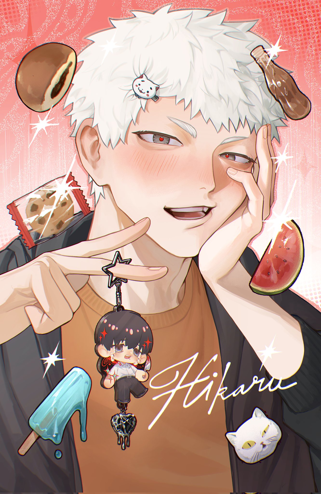 nthndn, indou hikaru, tsujinaka yoshiki, hikaru ga shinda natsu, papico (ice cream), corrupted twitter file, highres, 2boys, adam's apple, alternate costume, black hair, blush, character name, chibi, collared shirt, food, fruit, hair ornament, hairclip, ice cream bar, looking at viewer, male focus, melting, multiple boys, red pupils, shirt, short hair, teeth, upper body, watermelon, watermelon slice, white hair, white shirt