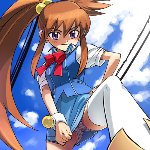 haruyama kazunori, sendou nana, b-daman, bakukyuu hit! crash b-daman, lowres, 00s, 1990s (style), 1girl, blush, bow, brown hair, clothes pull, cloud, day, female focus, flat chest, from below, hair bobbles, hair ornament, long hair, outdoors, panties, pantyshot, pencil skirt, ponytail, purple eyes, retro artstyle, skirt, skirt pull, sky, smile, solo, striped clothes, striped panties, thighhighs, twintails, underwear, uneven twintails, upskirt, very long hair, white thighhighs, zettai ryouiki