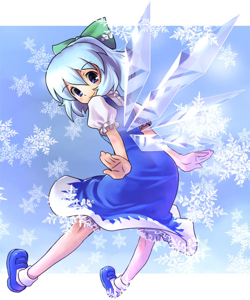 katahira masashi, cirno, perfect cherry blossom, shoot the bullet, touhou, 1girl, blue eyes, blue hair, bow, dress, female focus, full body, gradient background, hair bow, mary janes, matching hair/eyes, outstretched arms, shoes, short hair, smile, snow, snowflakes, socks, solo, spread arms, white background, wings