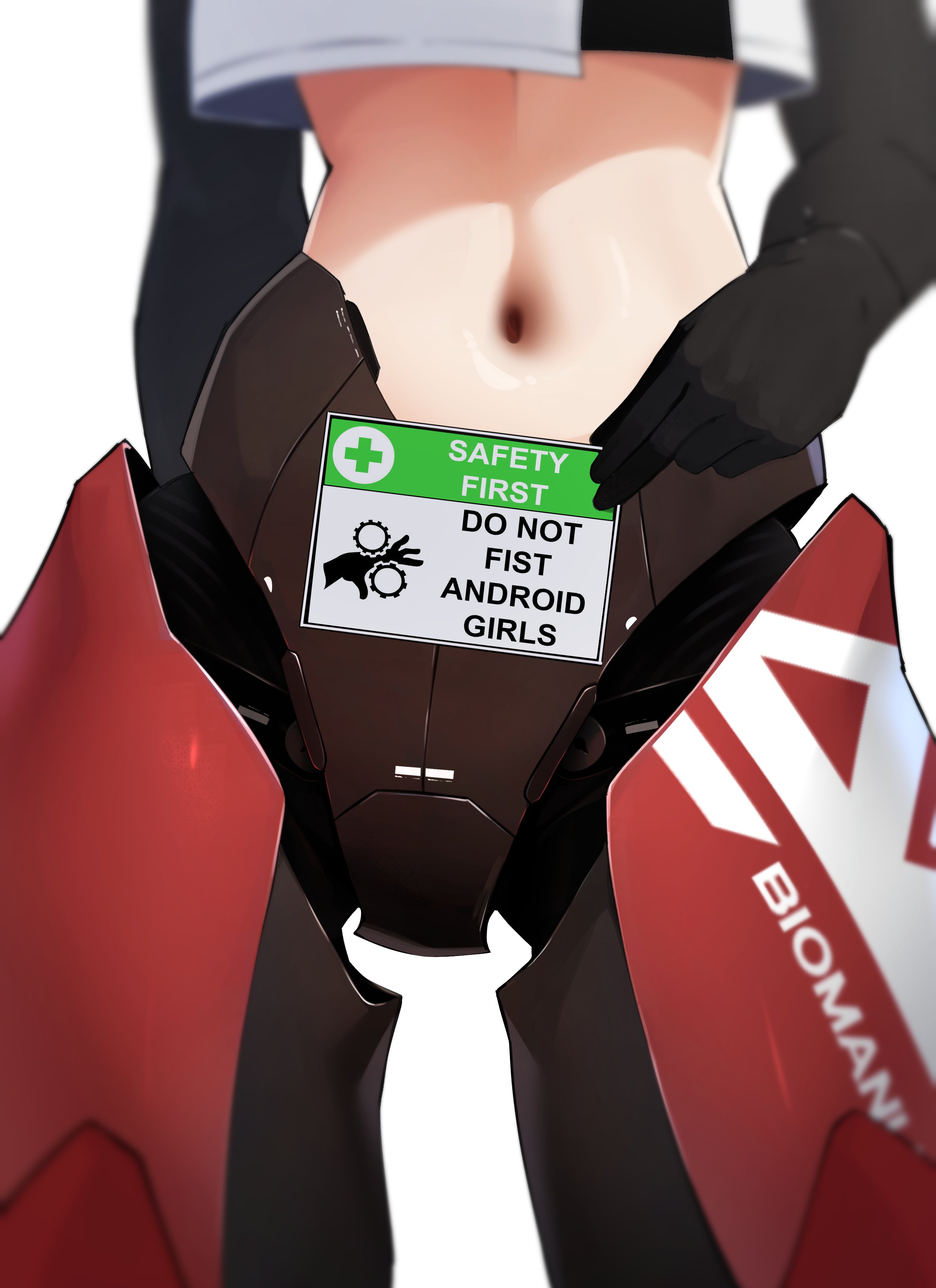 the atko, absurdres, highres, colored skin, cyborg, elbow gloves, eva (the atko), gloves, hip focus, holding, holding sign, mechanical legs, navel, sign, simple background, stomach, warning sign, white skin