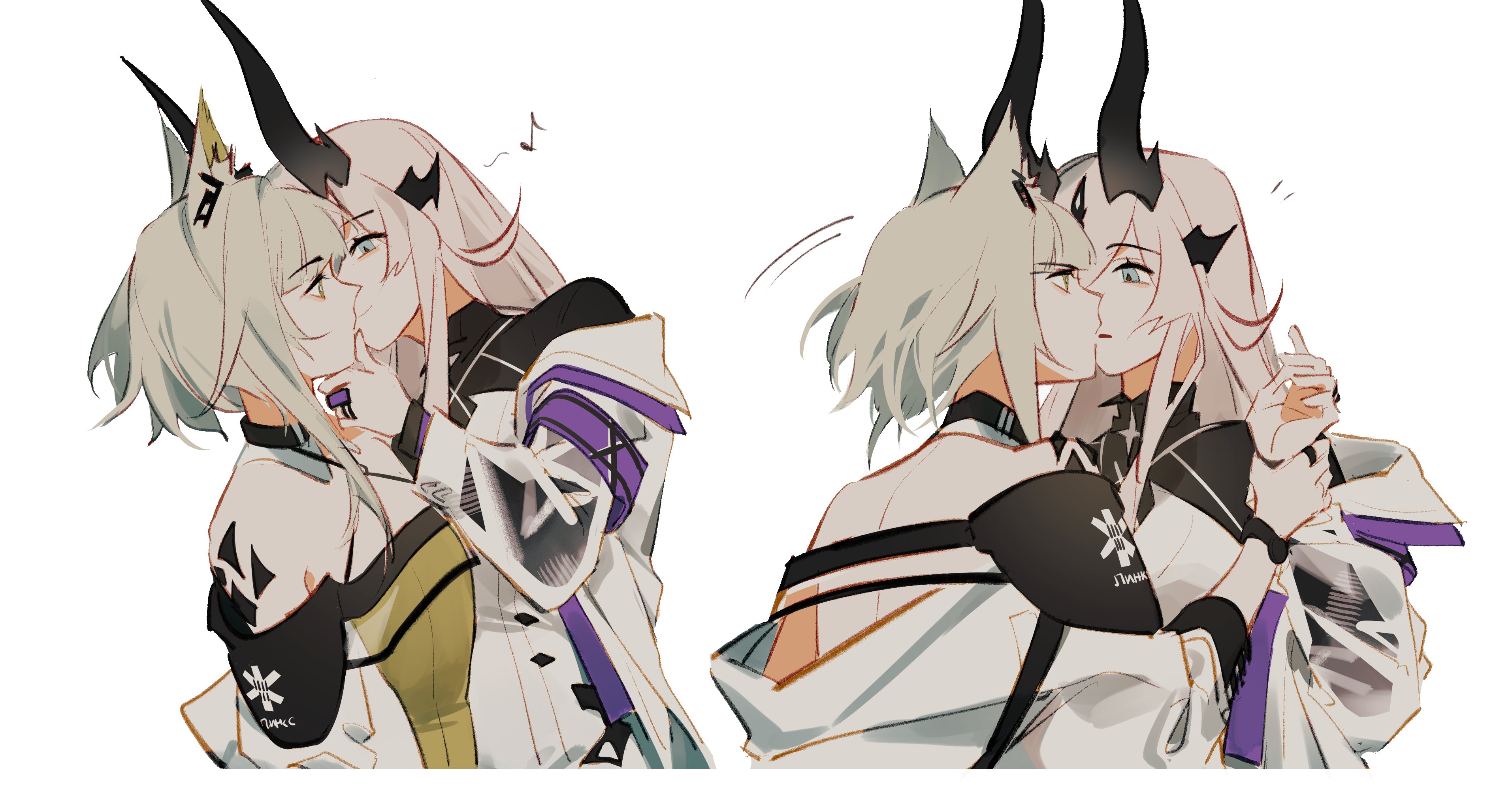 ylceon, kal'tsit (arknights), necrass (arknights), arknights, absurdres, highres, 2girls, animal ear fluff, animal ears, armband, assertive female, black collar, blonde hair, blue eyes, breasts, cat ears, cat girl, closed mouth, coat, collar, detached collar, dragon girl, dragon horns, dress, eighth note, eye contact, green dress, green eyes, grey hair, hand on another's chin, holding another's wrist, horns, jacket, jewelry, kiss, long hair, long sleeves, looking at another, material growth, medium hair, multiple girls, multiple rings, musical note, off shoulder, oripathy lesion (arknights), parted lips, purple armband, ring, simple background, small breasts, star of life, watch, white background, white coat, white jacket, wristwatch, yuri