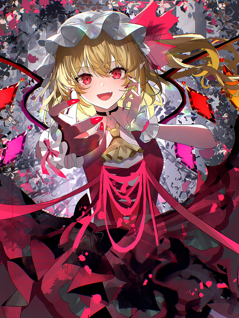 sakizaki saki-p, flandre scarlet, touhou, highres, 1girl, ascot, blonde hair, blush, bow, crystal, crystal wings, hat, hat ribbon, looking at viewer, mob cap, multicolored wings, open mouth, puffy sleeves, red eyes, red nails, red skirt, red vest, ribbon, short hair, short sleeves, side ponytail, skirt, skirt set, smile, solo, vampire, vest, wings, yellow ascot