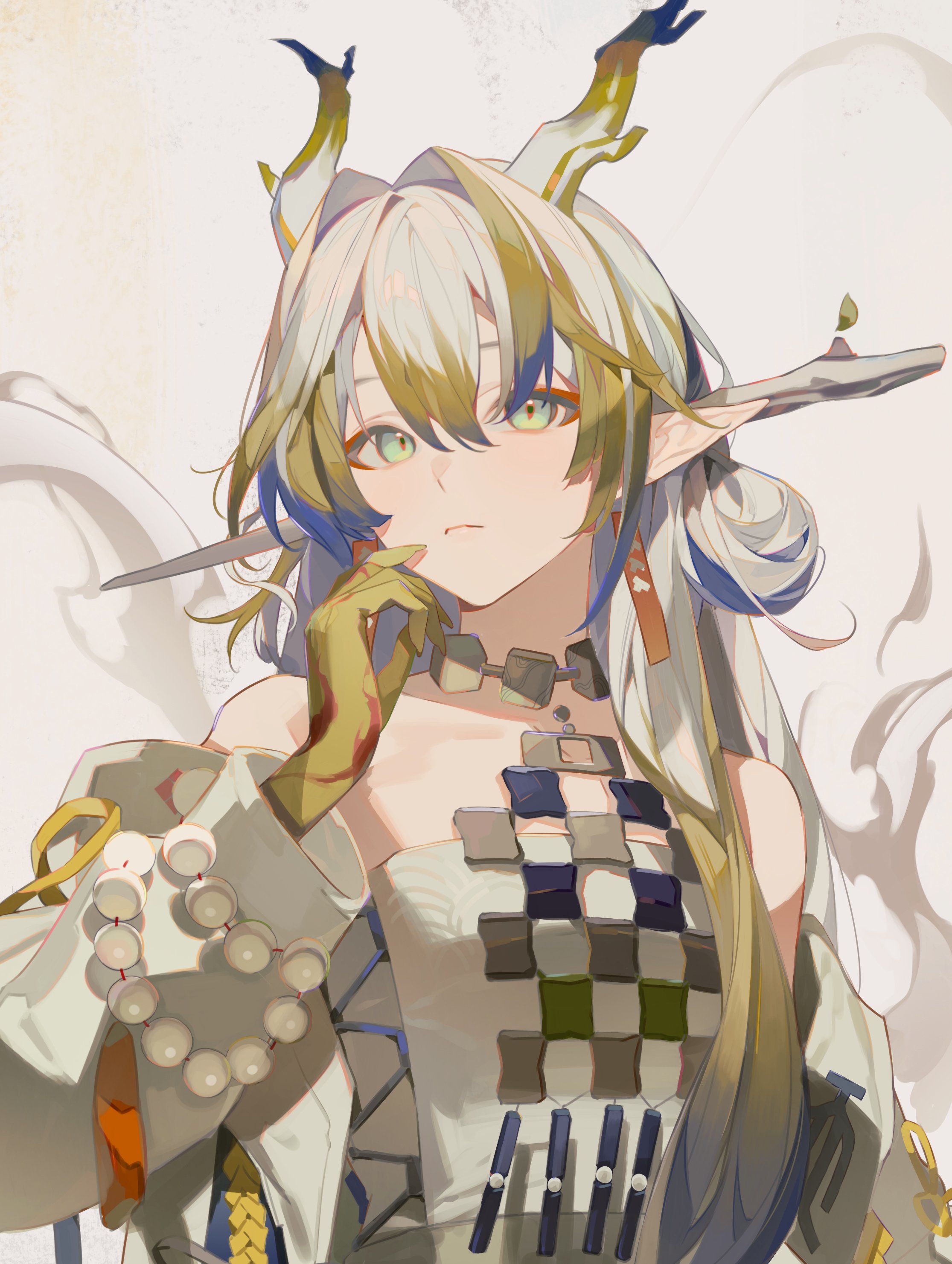 yi shin jian, shu (arknights), arknights, absurdres, commentary, highres, 1girl, blue hair, closed mouth, colored extremities, dragon girl, dragon horns, earrings, green eyes, green hair, hair between eyes, hair intakes, hair ornament, hair stick, horns, jacket, jewelry, long hair, long sleeves, looking at viewer, multicolored hair, off shoulder, pointy ears, solo, strapless, tube top, white hair