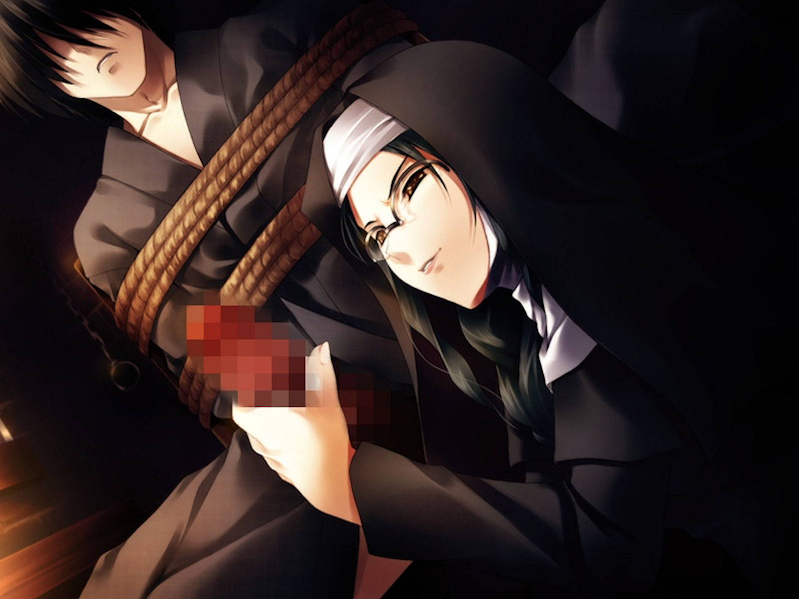 sugina miki, cartagra, habit, game cg, highres, 1boy, 1girl, bdsm, black hair, bondage, bound, censored, femdom, glasses, handjob, hetero, long hair, mosaic censoring, nun, penis, rope
