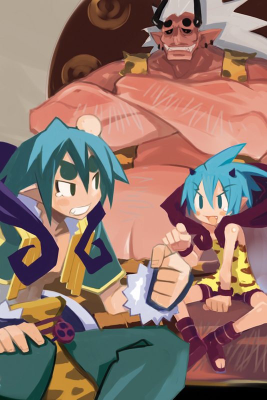 alexander's sister (phantom kingdom), alexander (makai kingdom), alexander (phantom kingdom), nippon ichi, phantom kingdom, 1girl, 2boys, angry, brother and sister, fang, fangs, horns, multiple boys, oni, pointy ears, siblings, tears