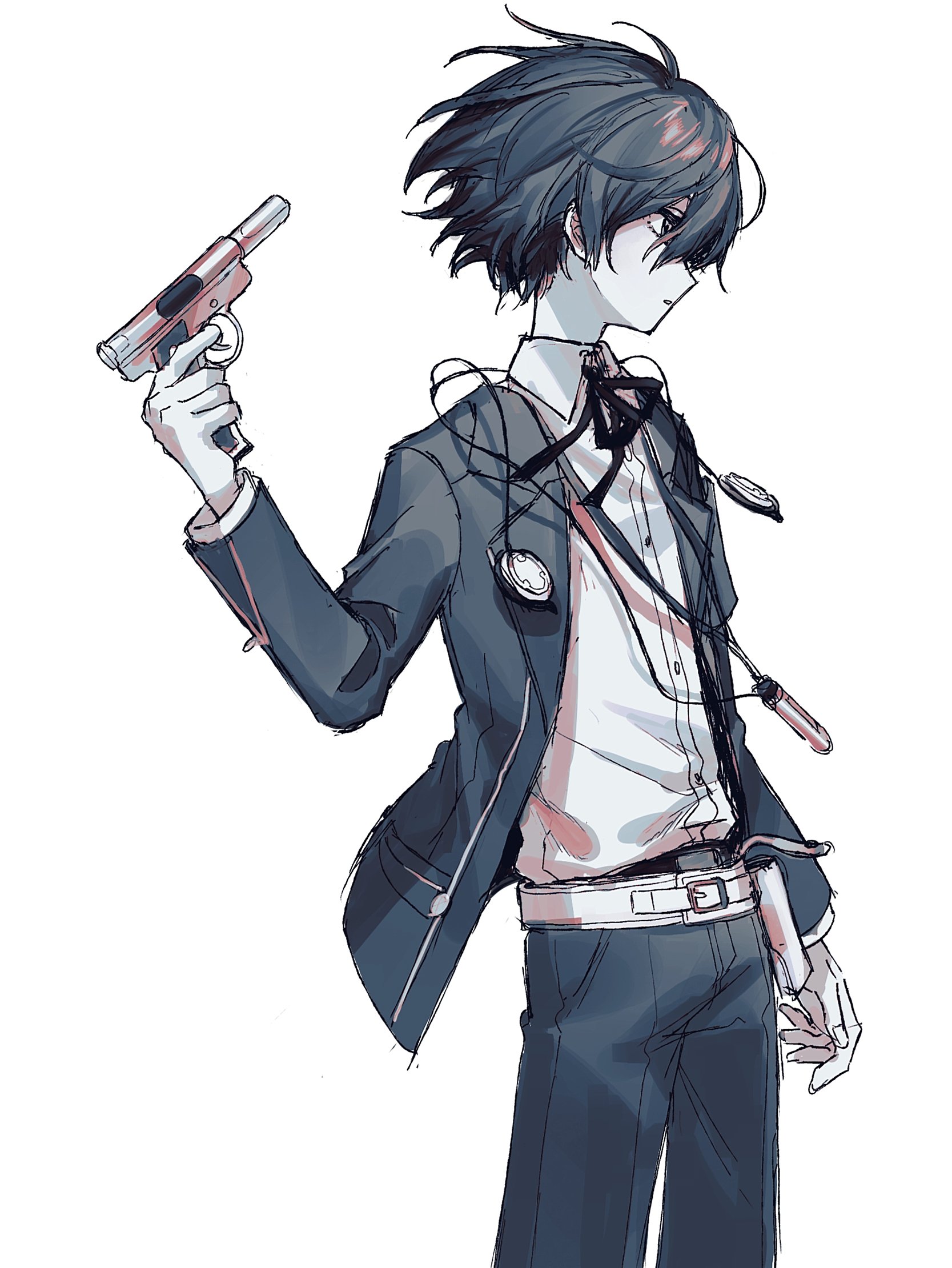 yuuki makoto (persona 3), persona, persona 3, highres, 1boy, ahoge, arm at side, belt, black ribbon, blue hair, blue jacket, blue pants, cowboy shot, digital media player, digital walkman, dress shirt, evoker, from side, gekkoukan high school uniform, gun, holding, holding gun, holding weapon, jacket, long sleeves, looking ahead, male focus, messy hair, open clothes, open jacket, pants, parted lips, ribbon, ro ma ya su, school uniform, shirt, short hair, simple background, solo, walkman nw-s203f, weapon, white background, white belt, white shirt